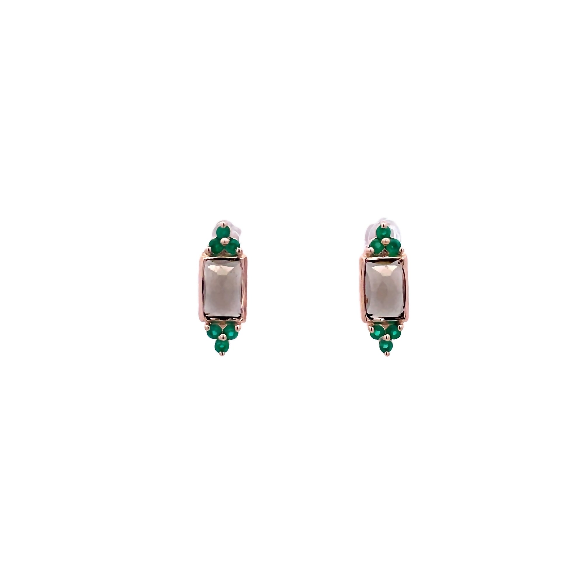 SMOKY QUARTZ WITH GREEN ONYX EARRINGS SET IN 925 GROSE GOLD PLATED