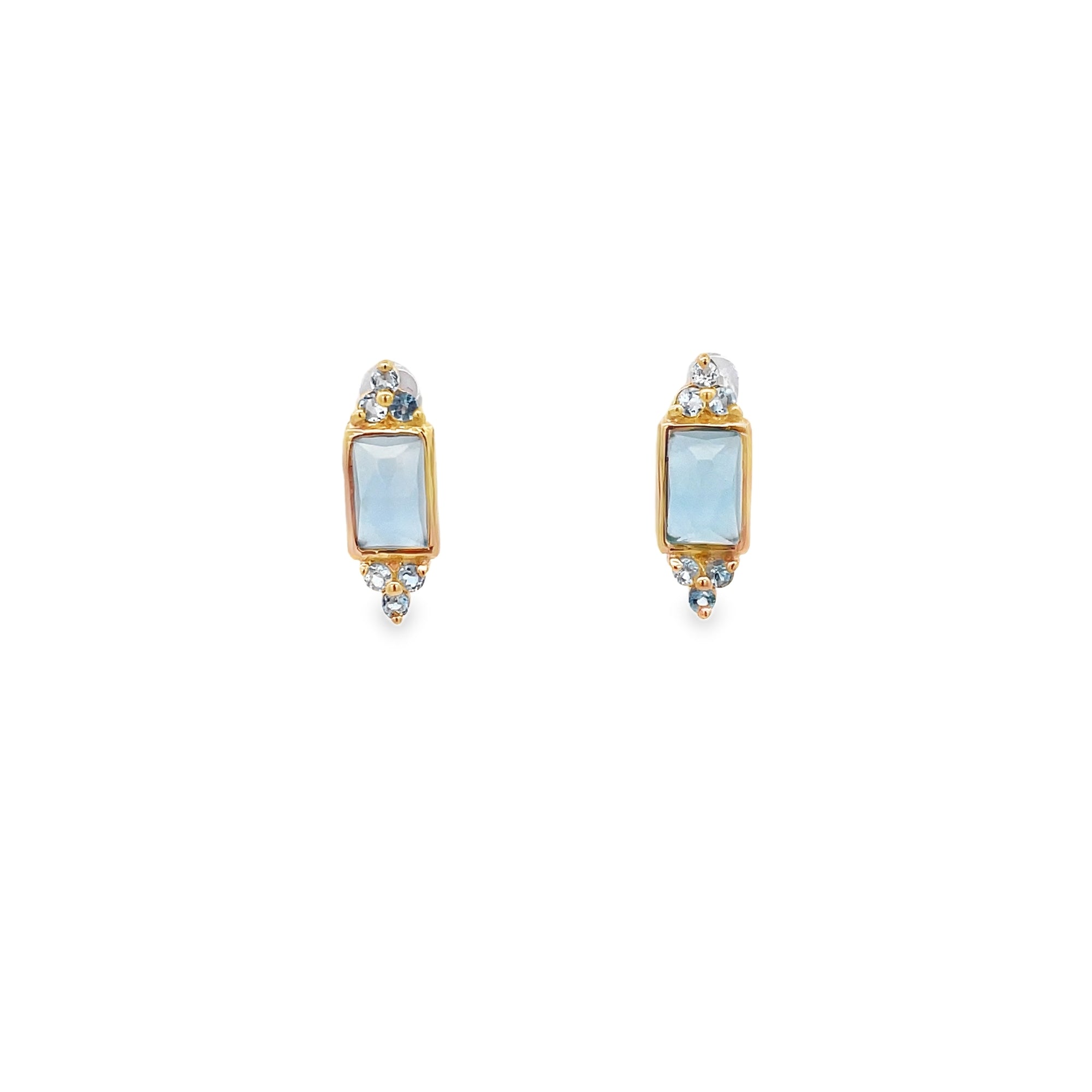 BLUE CHALCEDONY BAGUETTE WITH BLUE TOPAZ EARRINGS SET IN 925 GOLD PLATED