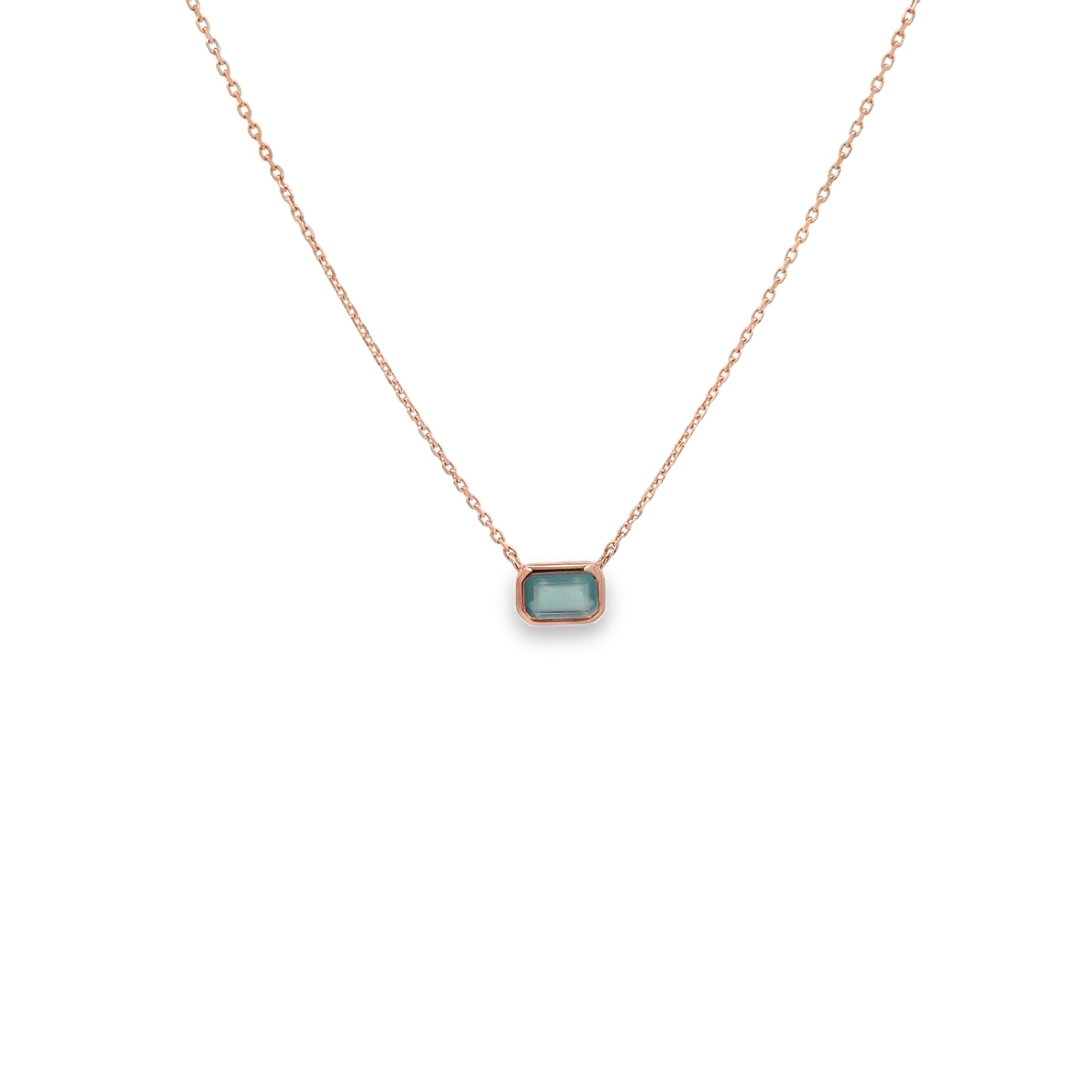 BLUE CHALCEDONY BEZEL PENDANT NECKLACE SET IN 925 ROSE GOLD PLATED