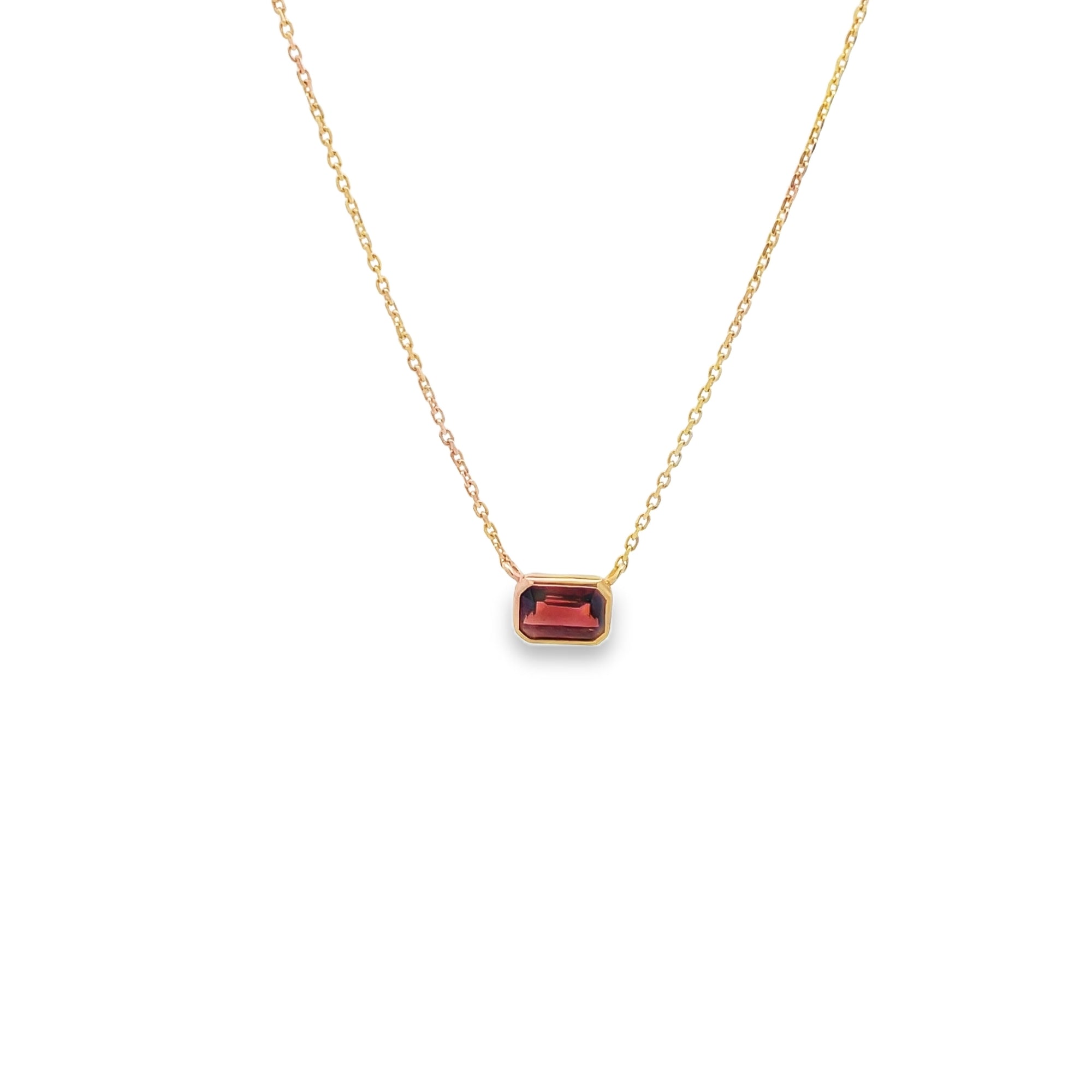 GARNET EMERALD SHAPE BEZEL NECKLACE SET IN 925 GOLD PLATED