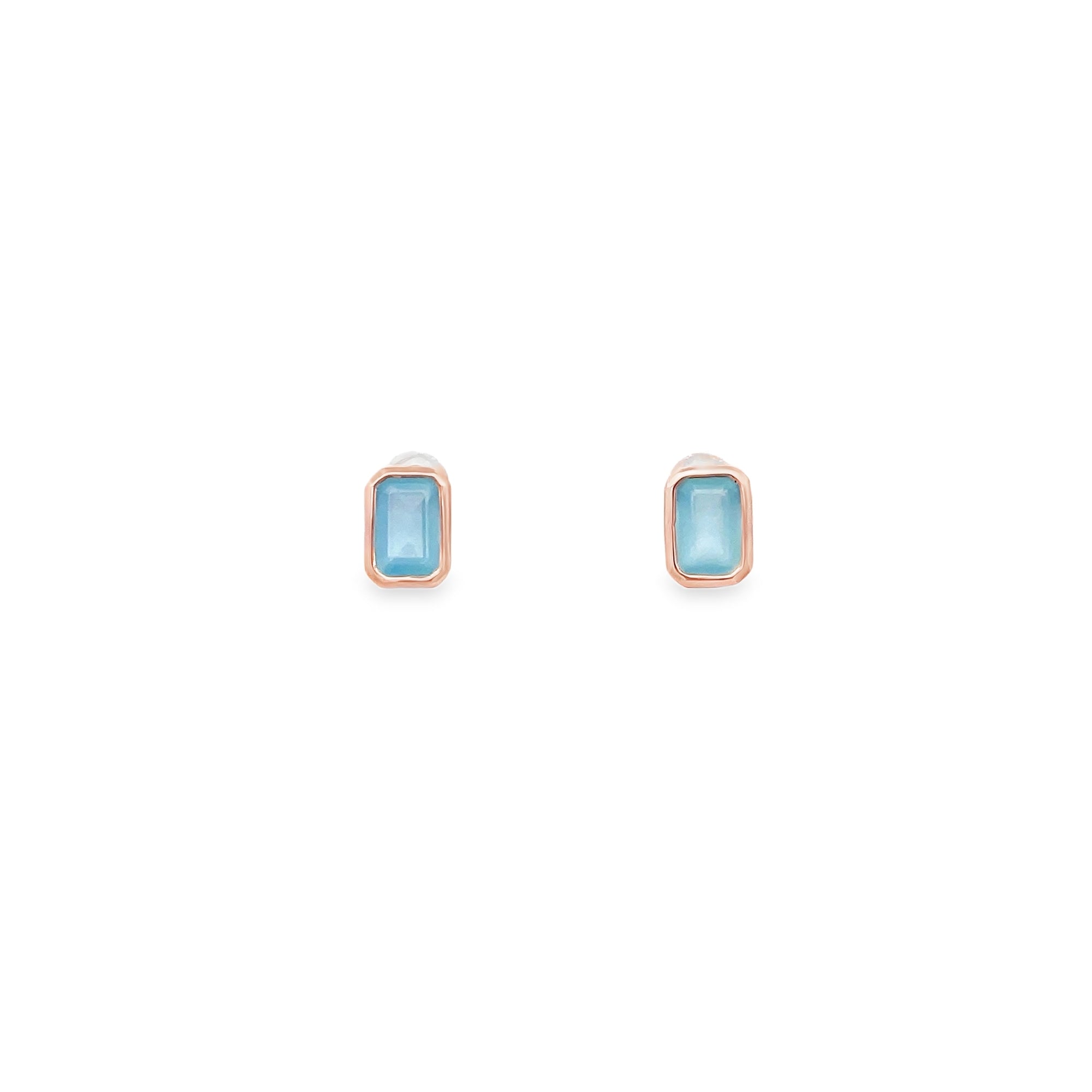 BLUE CHALCEDONY BEZEL EARRINGS SET IN 925 ROSE GOLD PLATED