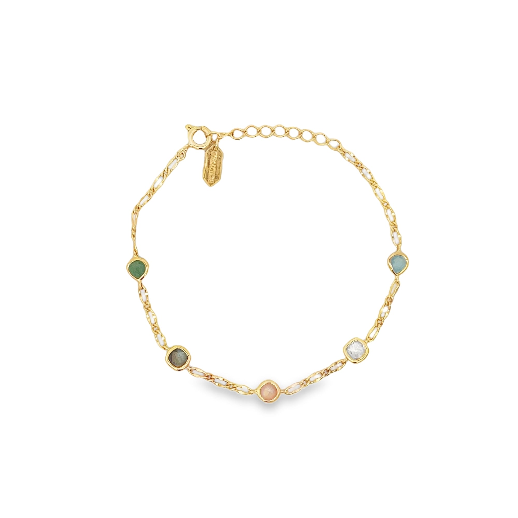 GREEN QUARTZ, LABRADORITE AND CHALCEDONY BRACELET SET IN 925 GOLD PLATED