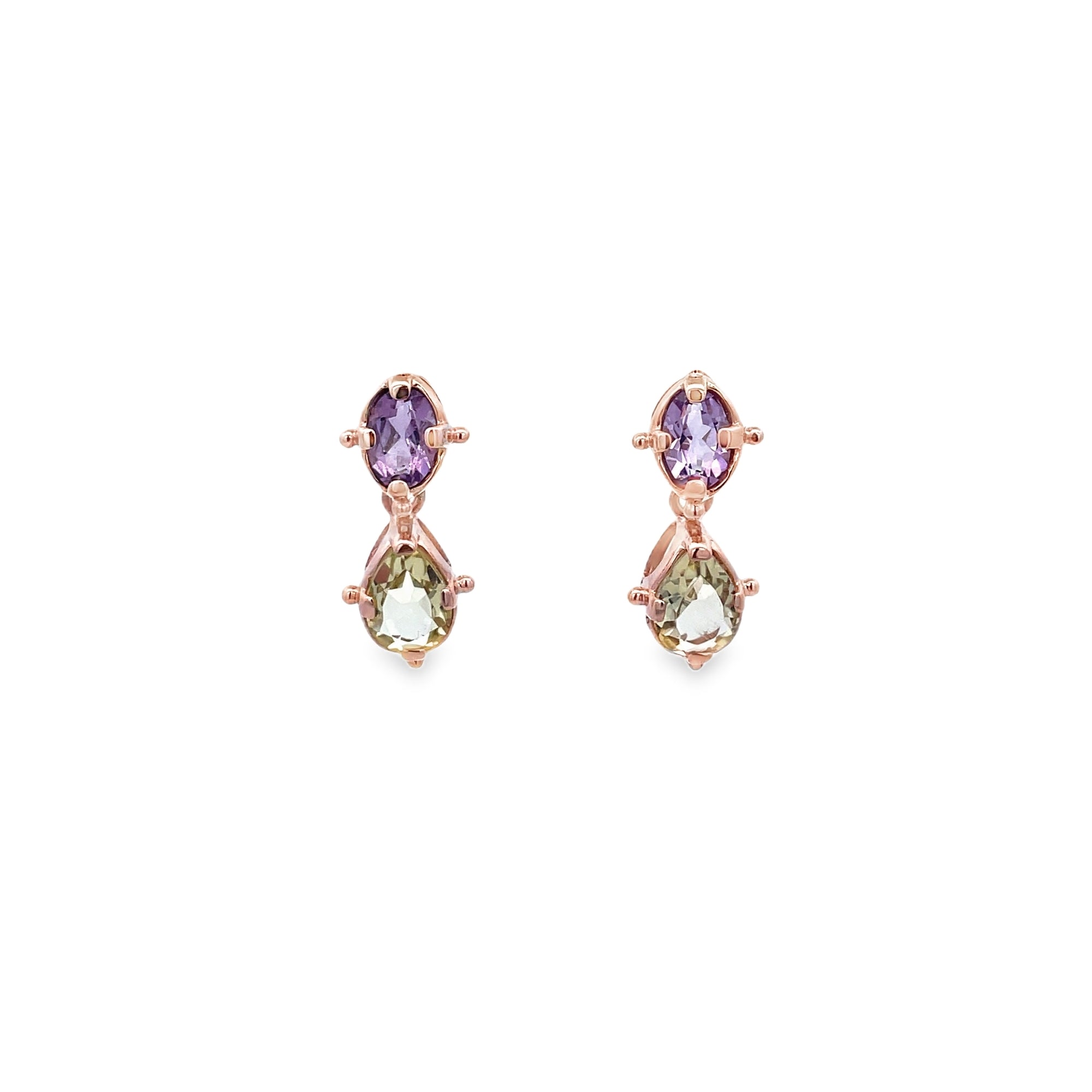 AMETHYST AND LEMON QUARTZ OVAL CUT EARRINGS SET IN 925 ROSE GOLD PLATED