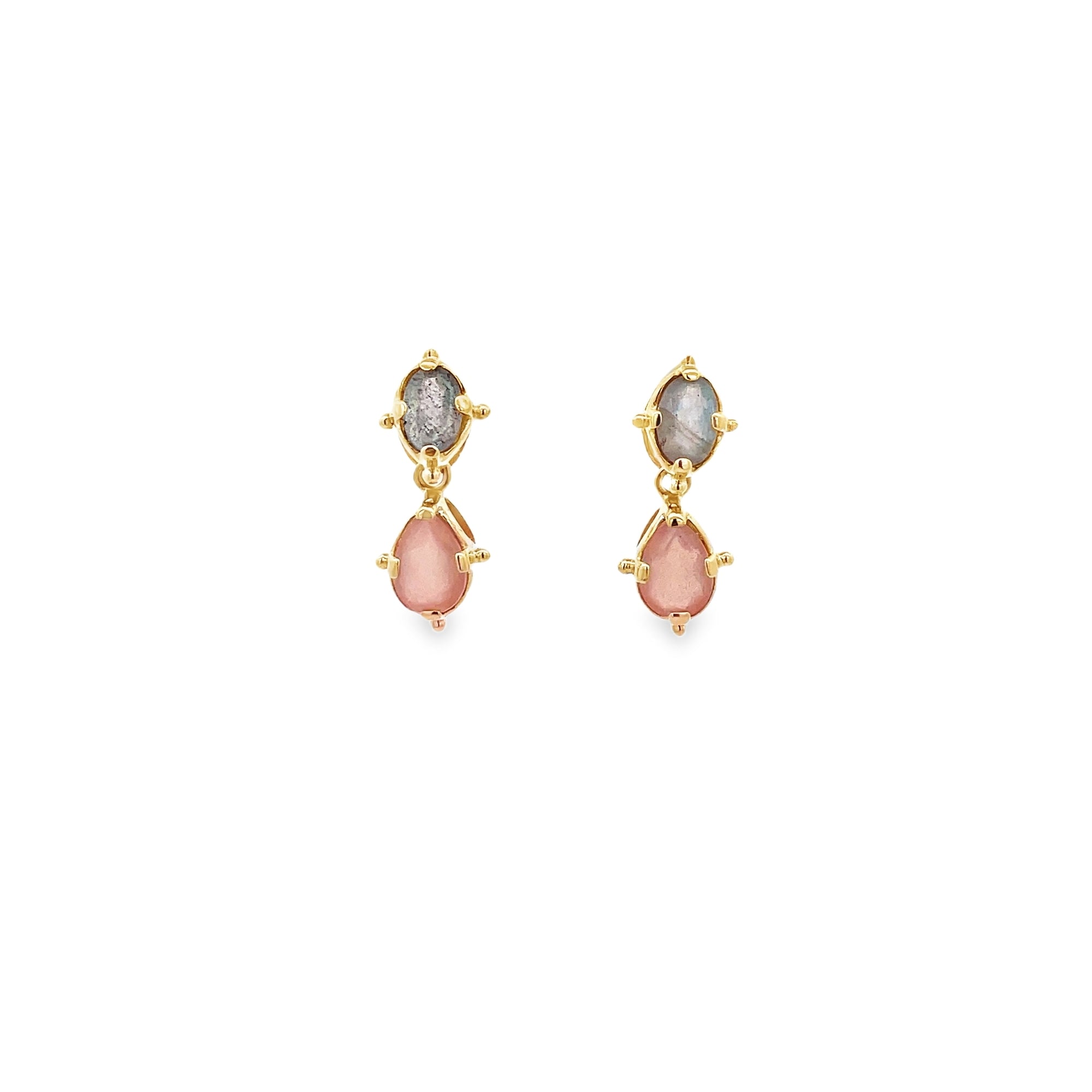 LABRADORITE AND MOONSTONE OVAL CUT EARRINGS SET IN 925 GOLD PLATED