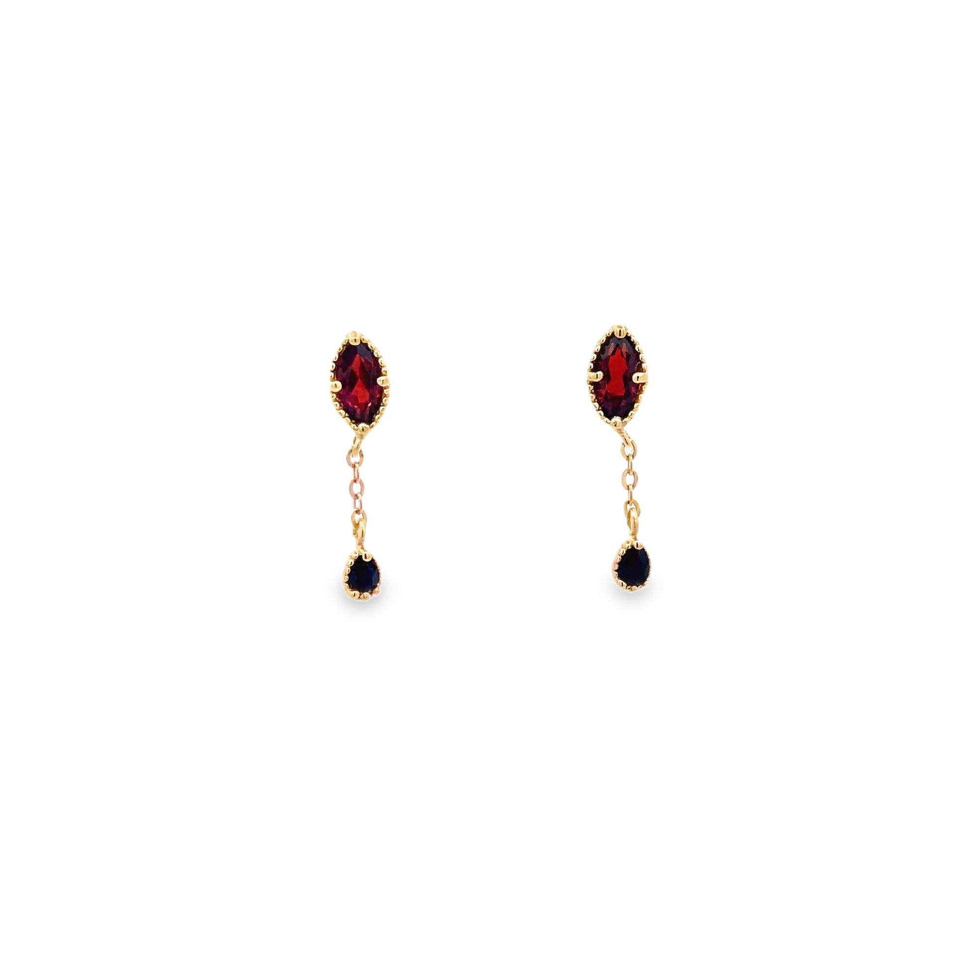 GARNET MARQUISE CUT AND BLACK SPINEL PEAR CUT CHAIN EARRINGS SET IN 925 GOLD PLATED