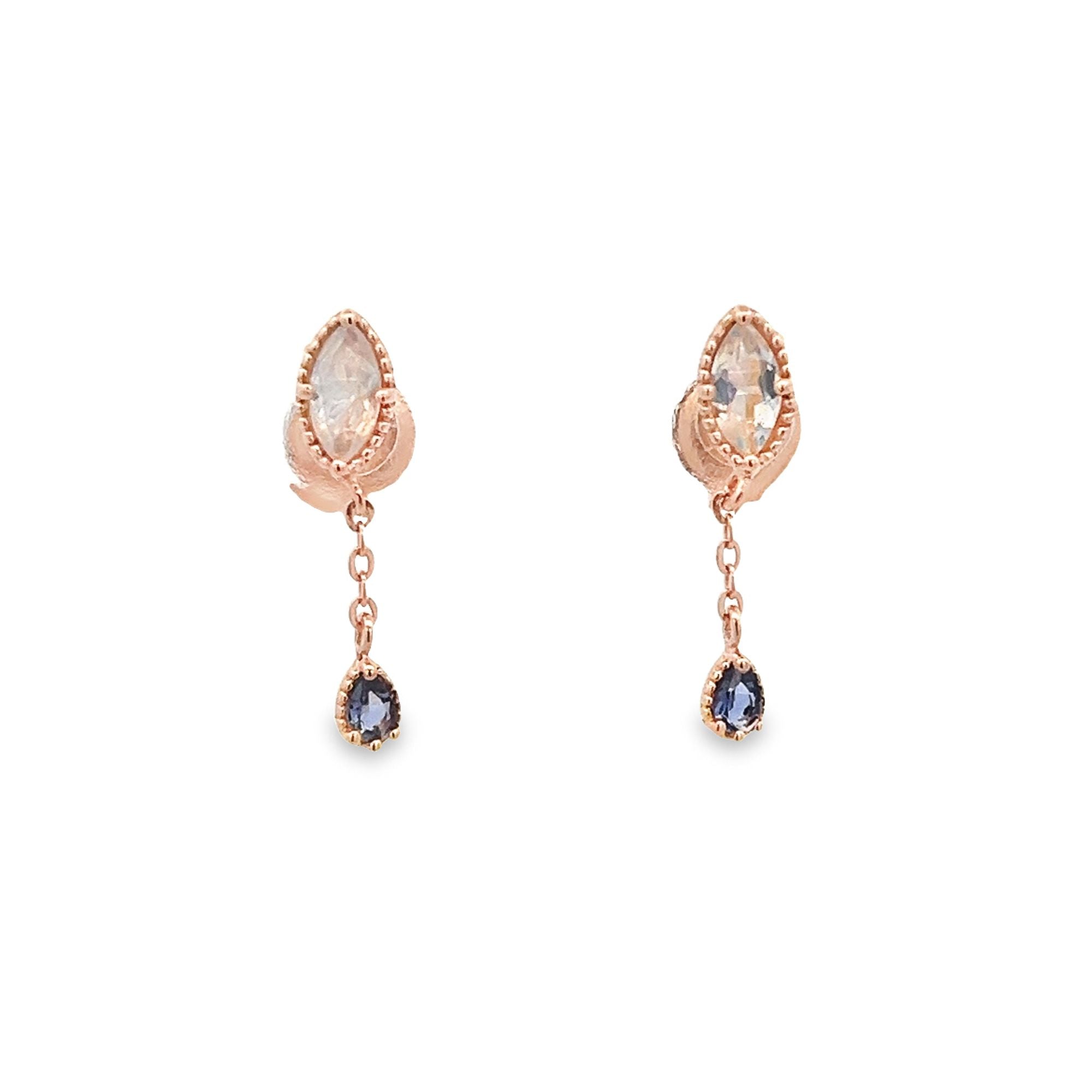 MOONSTONE AND IOLITE MARQUISE CUT EARRINGS SET IN 925 ROSE GOLD PLATED