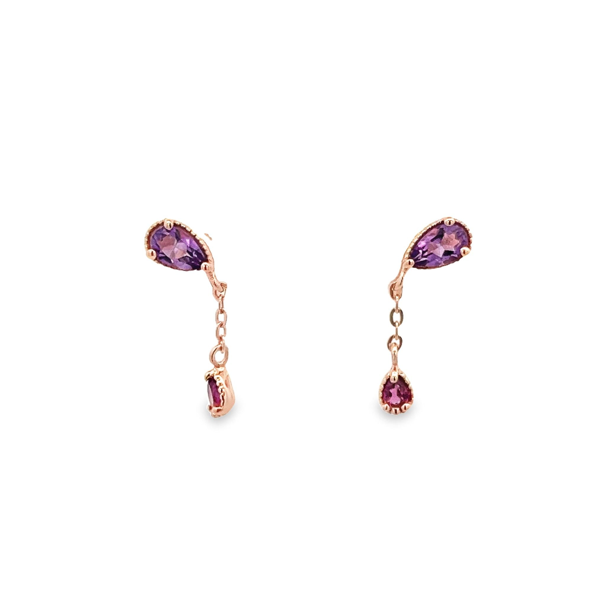 AMETHYST AND GARNET PEAR CUT CHAIN EARRINGS SET IN 925 ROSE GOLD PLATED