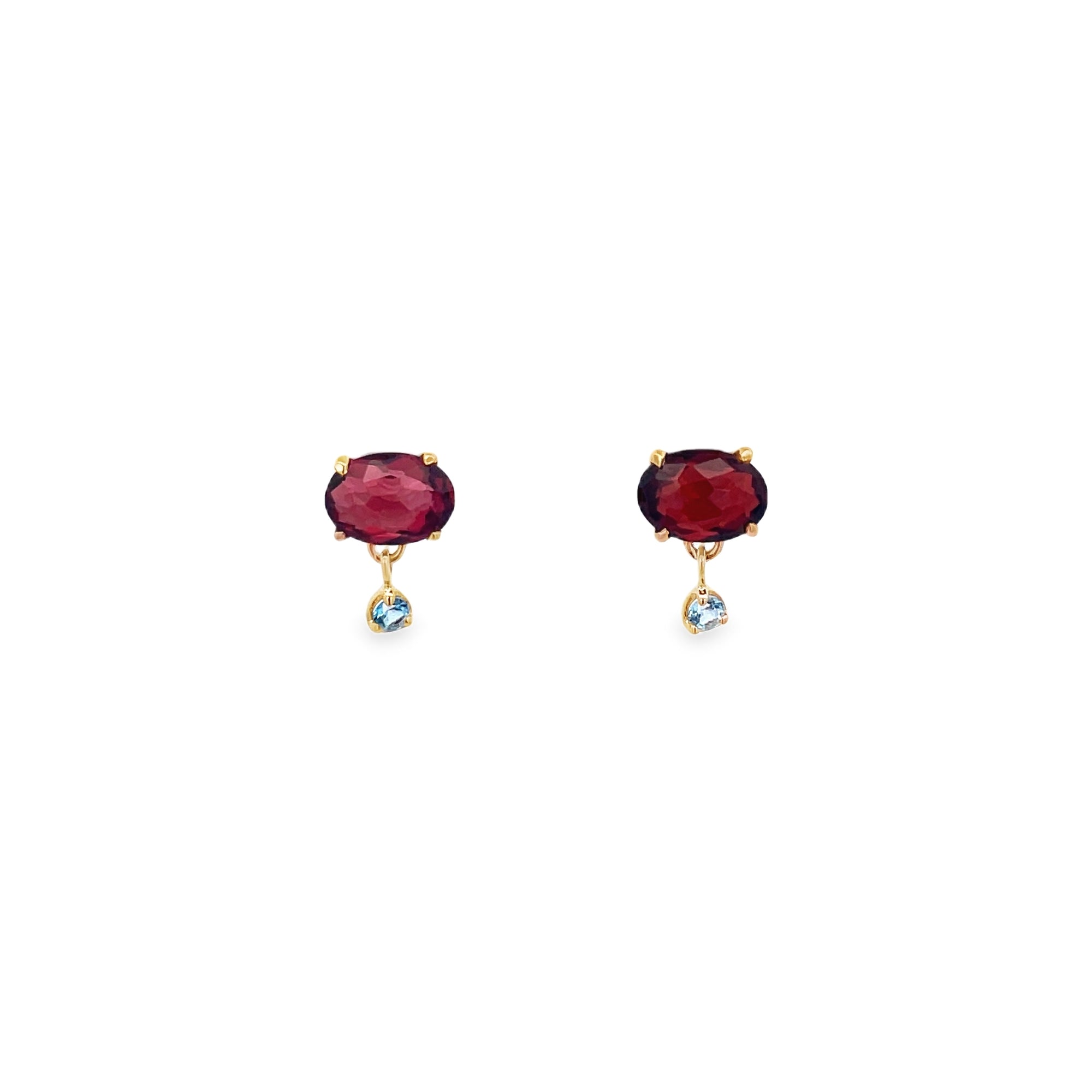 GARNET OVAL WITH BLUE TOPAZ EARRINGS SET IN 925 GOLD PLATED