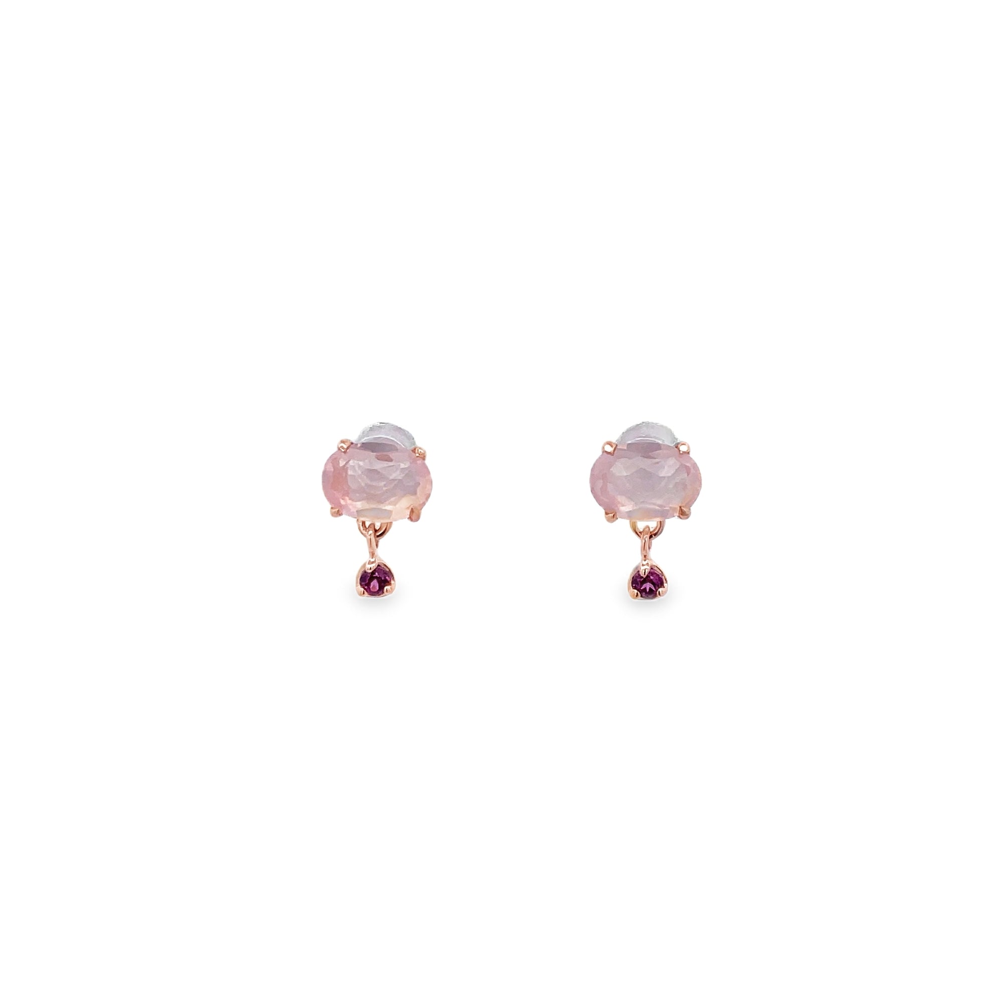 GARNET AND ROSE QUARTZ OVAL EARRINGS SET IN 925 ROSE GOLD PLATED