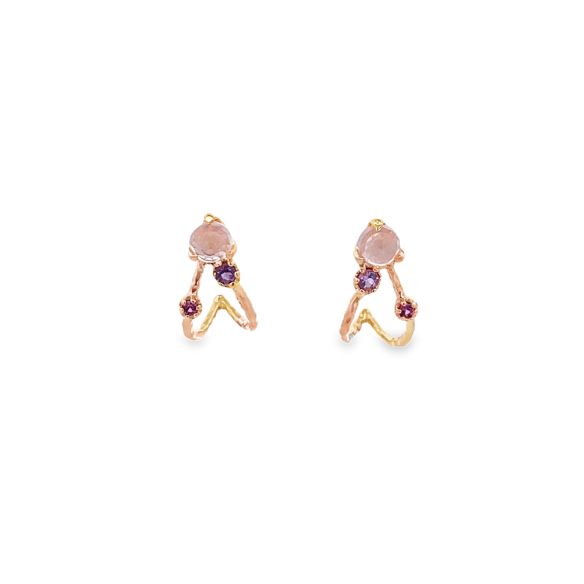 ROSE QUARTZ, AMETHYST AND GARNET ENVELOPE WISHBONE EARRINGS SET IN 925 GOLD PLATED