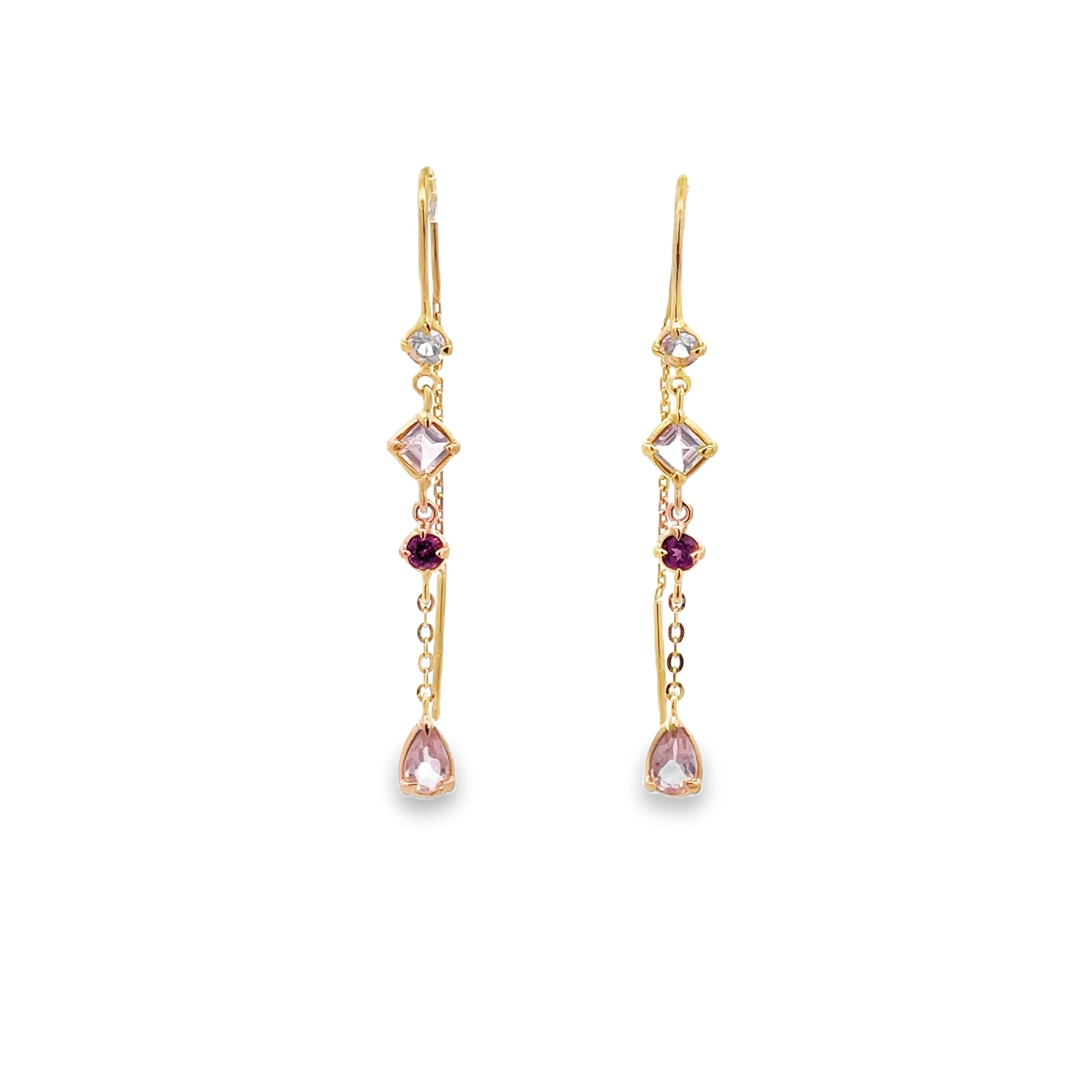 GARNET AND ROSE QUARTZ RHODOLITE CHAIN EARRINGS SET IN 925 GOLD PLATED