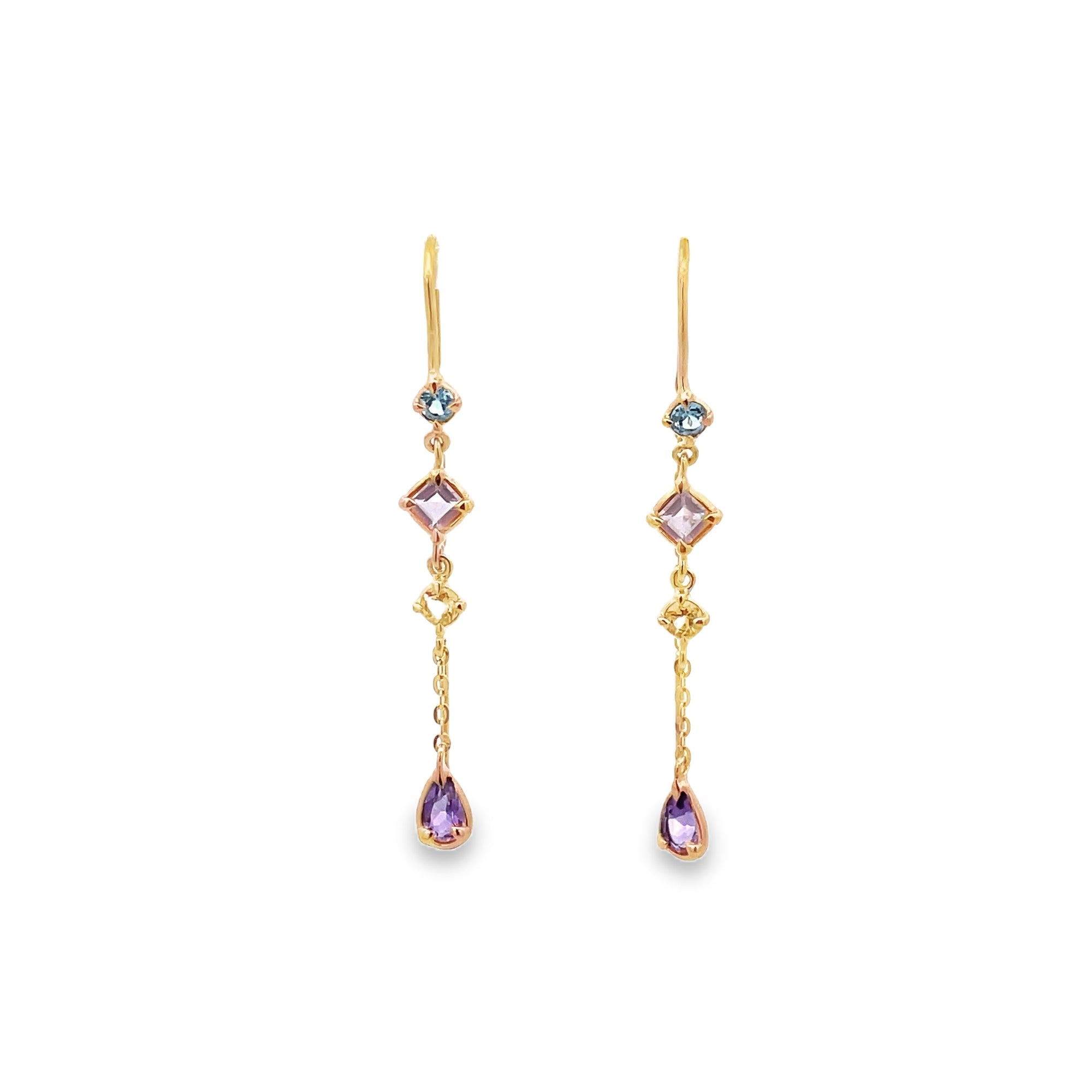 TOPAZ, ROSE QUARTZ AND CITRINE CHAIN EARRINGS SET IN 925 GOLD PLATED