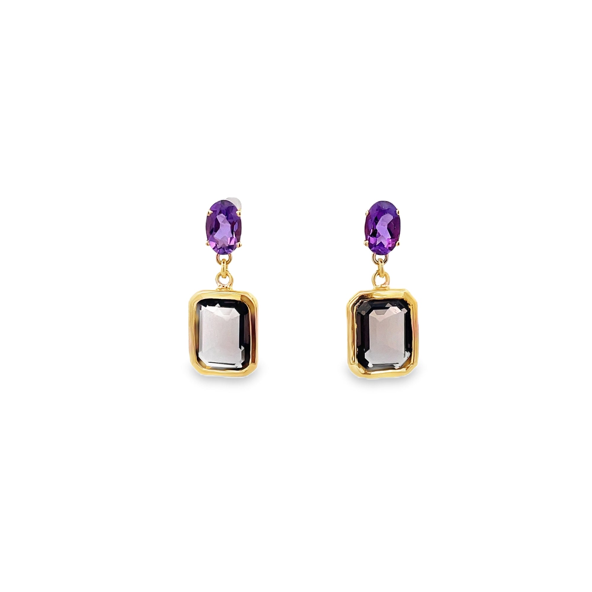 QUARTZ EMERALD CUT AND OVAL AMETHYST EARRINGS SET IN 925 GOLD PLATED