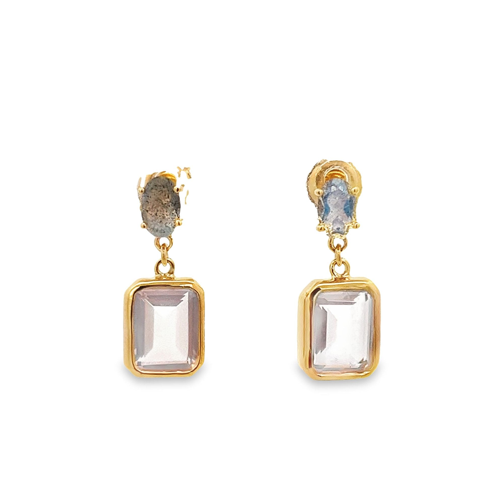 ROSE QUARTZ EMERALD CUT WITH LABRADORITE OVAL EARRINGS SET IN 925 GOLD PLATED