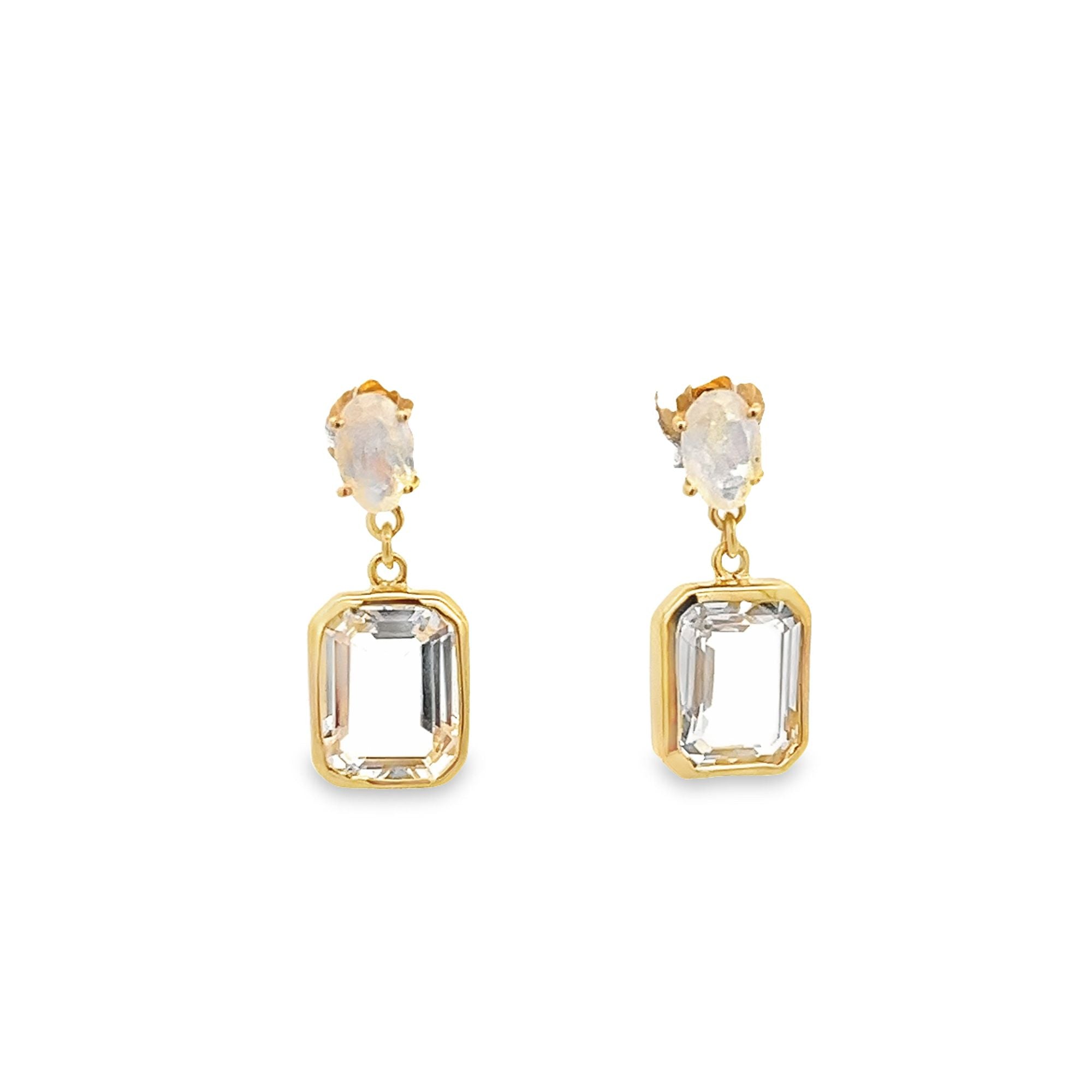 OVAL MOONSTONE EMERALD CUT EARRINGS SET IN 925 GOLD PLATED