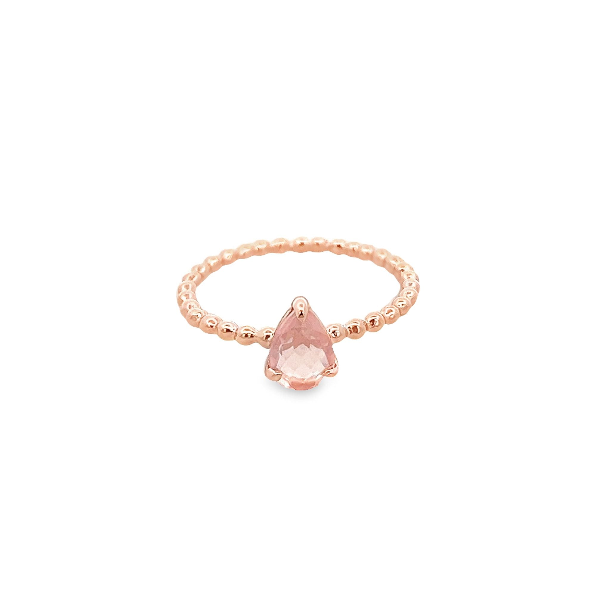 ANILLO DE CUARZO ROSA CON CUENTAS DE CORTE DE PERA BAÑADO EN ORO ROSA 925