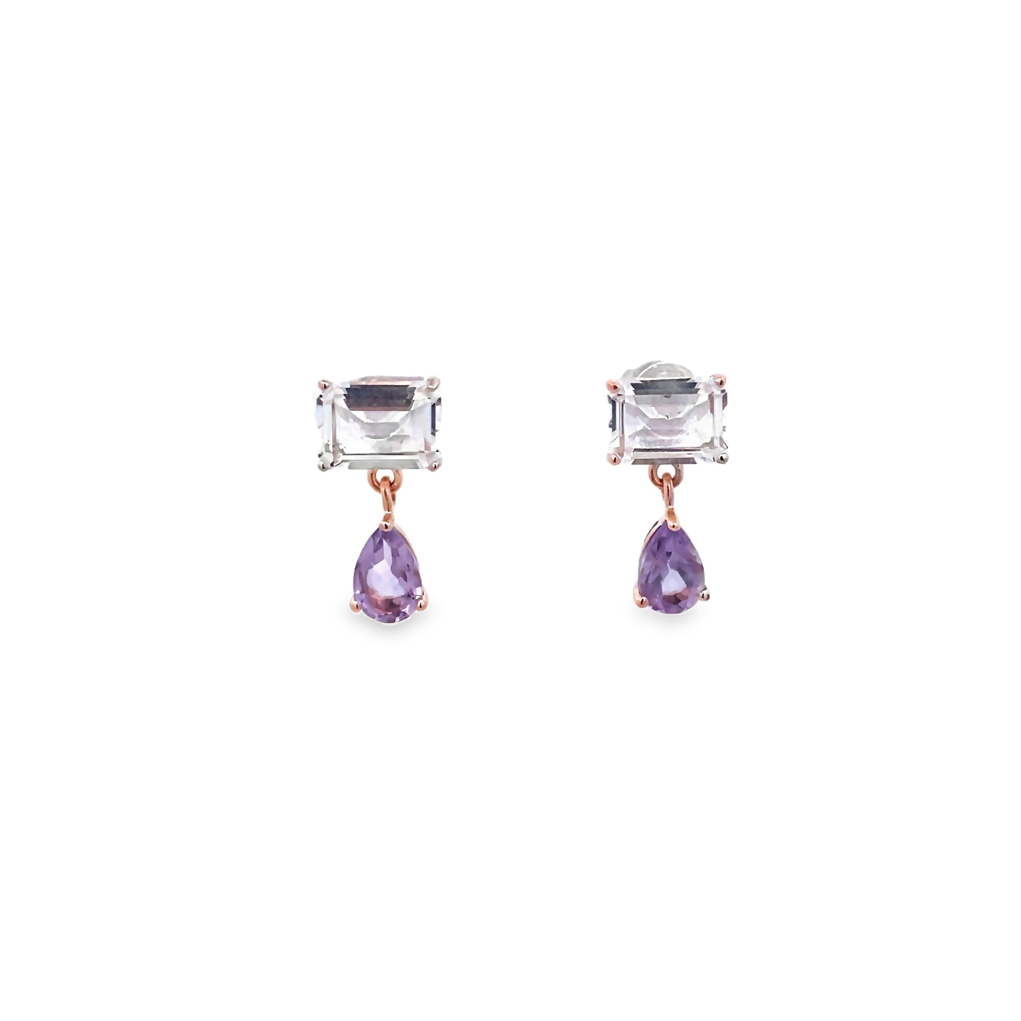 BRAZILIAN AMETHYST  BAGUETTE CUT EARRINGS SET IN 925 ROSE GOLD