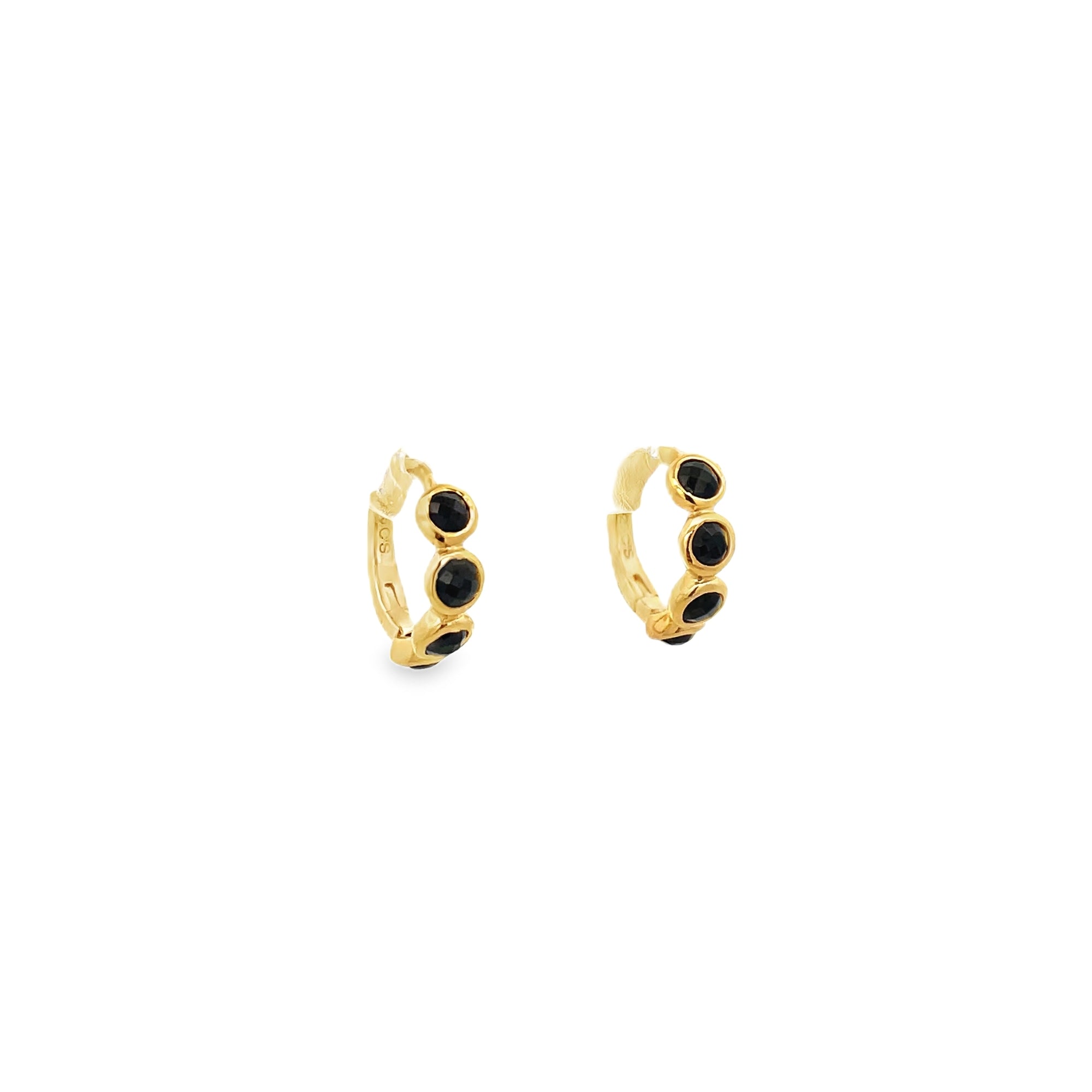 BLACK SPINEL BEZEL HUGGIES EARRINGS SET IN 925 GOLD PLATED