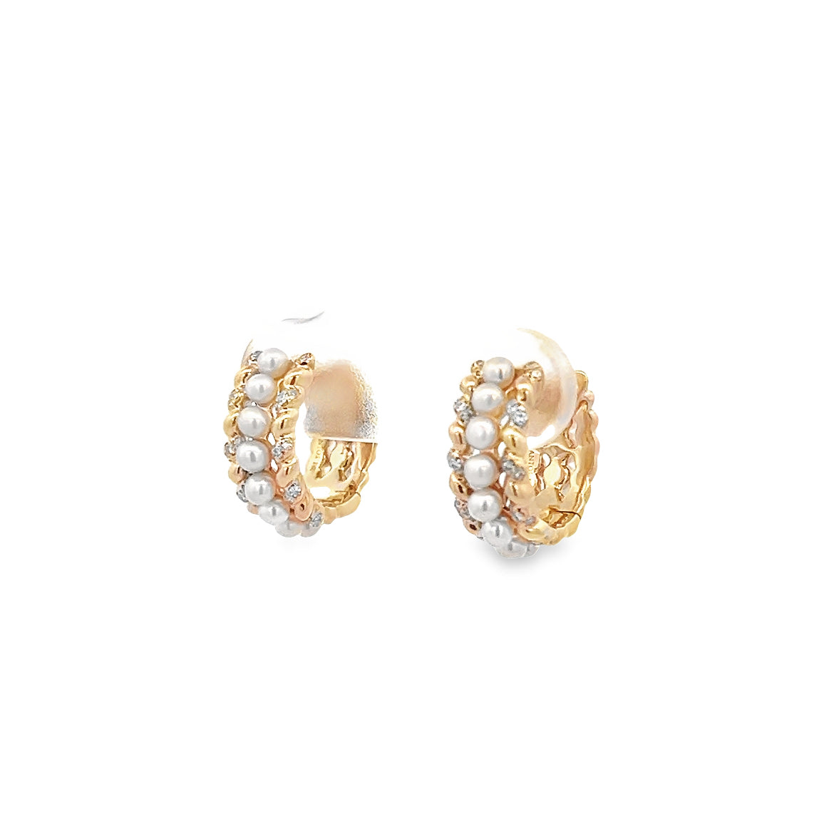 14K GOLD THREE BAR WITH DIAMOND AND PEARL EARRINGS