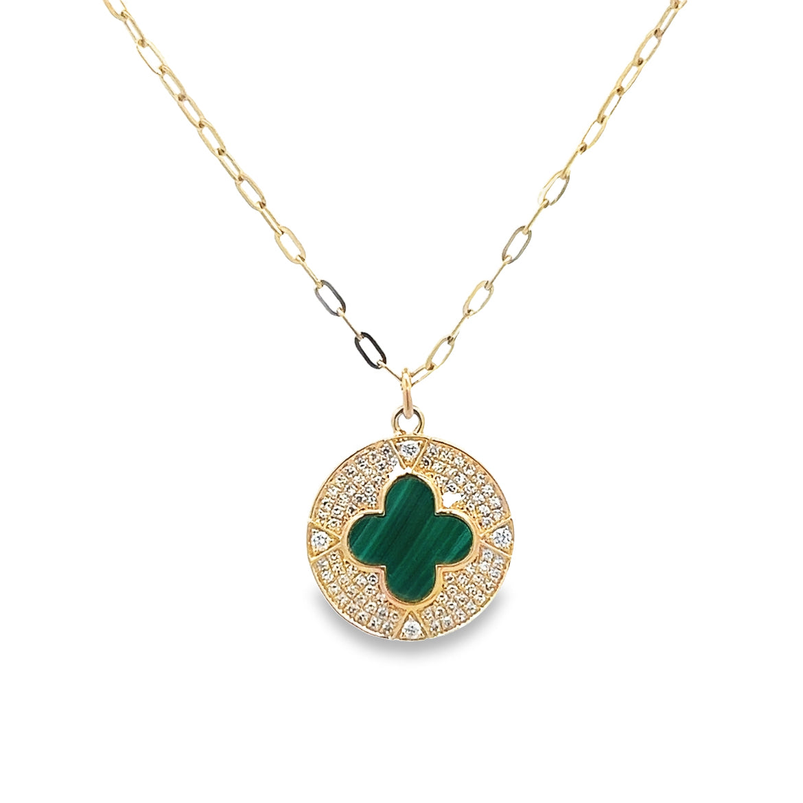 MALACHITE CLOVER WITH DIAMOND PAVÉ COIN NECKLACE SET IN 14K YELLOW GOLD