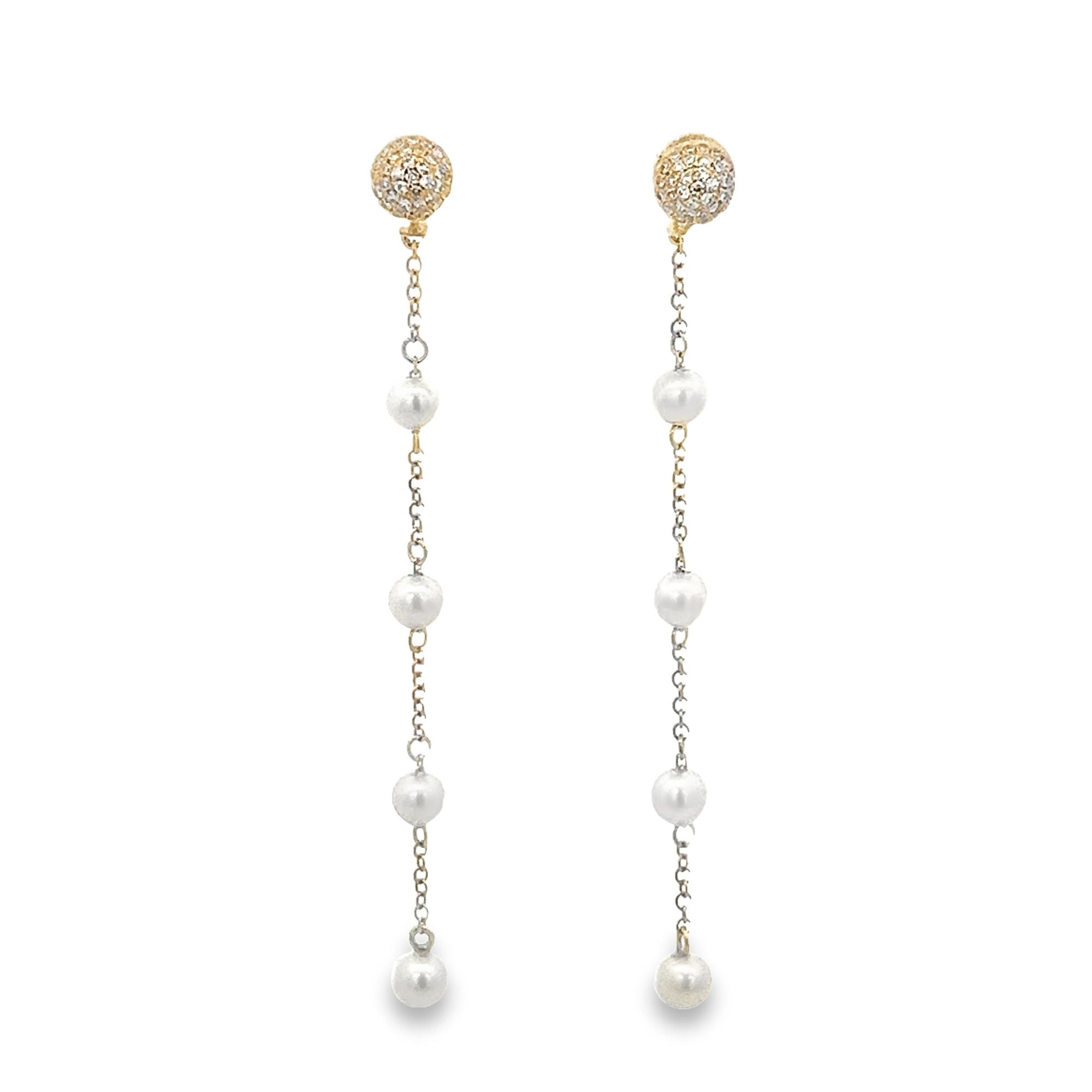 DIAMOND PAVÉ DROP EARRINGS WITH PEARLS SET IN 14K YELLOW GOLD