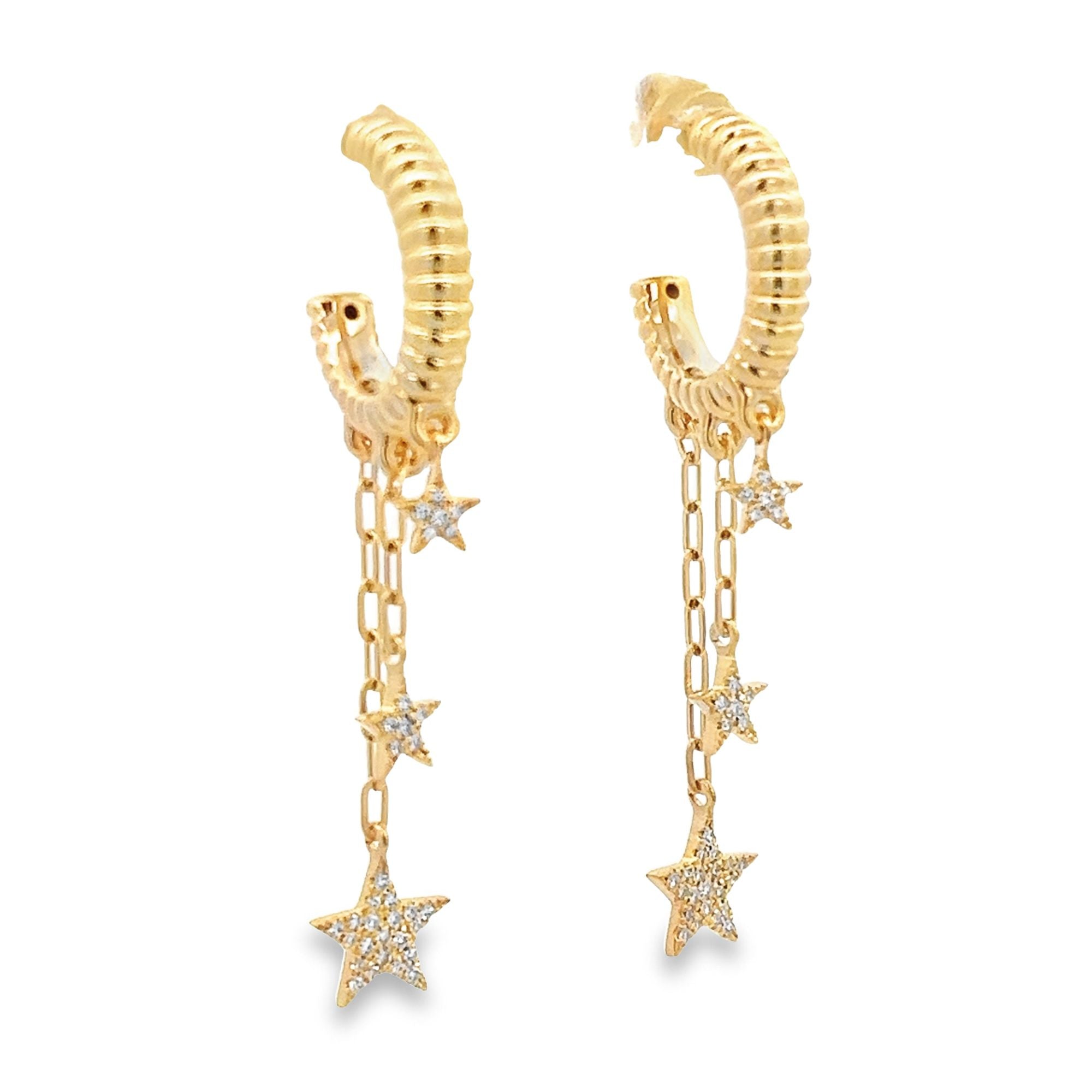 DIAMOND PAVE STAR RIBBED EARRINGS SET IN 14K YELLOW GOLD