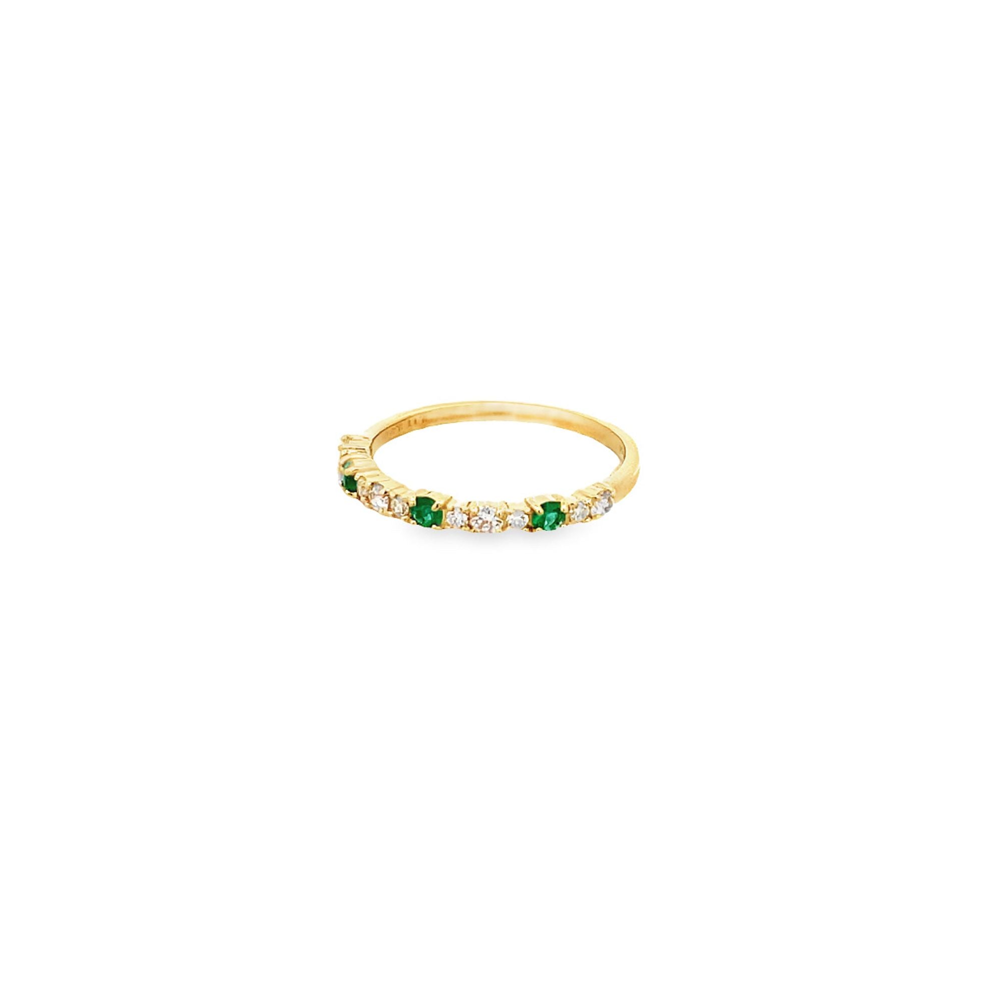 EMERALD THREE STONE WITH DIAMONDS SEMI-INFINITY RING SET IN 18K YELLOW GOLD