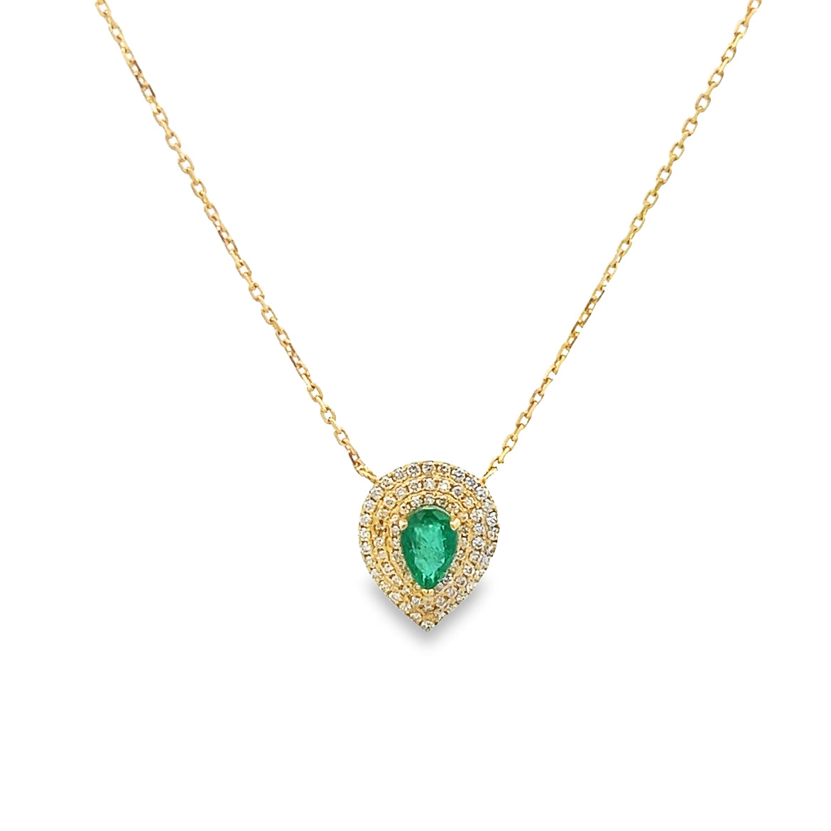 18K GOLD DROP EMERALD WITH DIAMOND HALO  NECKLACE