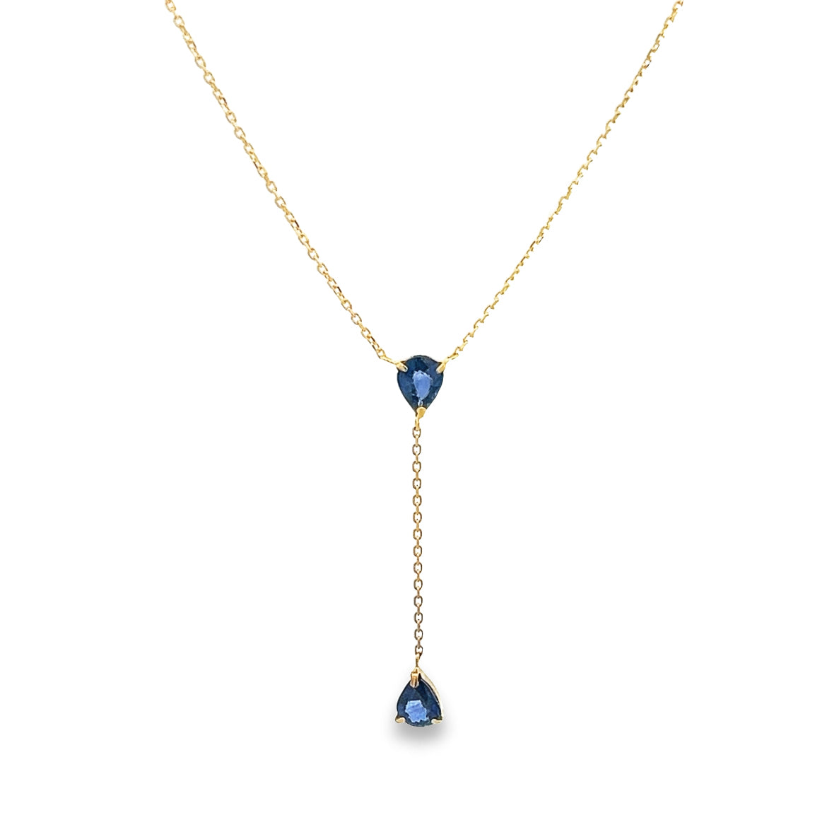 18K GOLD LARIAT BLUE SAPPHIRE PEAR CUT NECKLACE