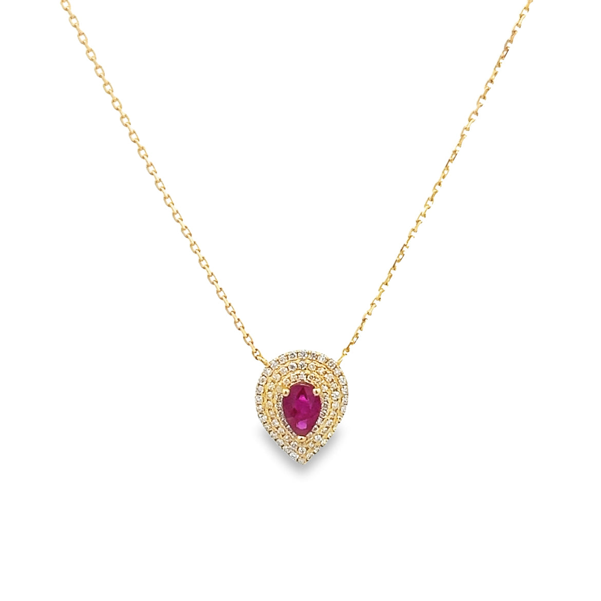 18K GOLD DROP RUBY WITH DIAMOND HALO  NECKLACE