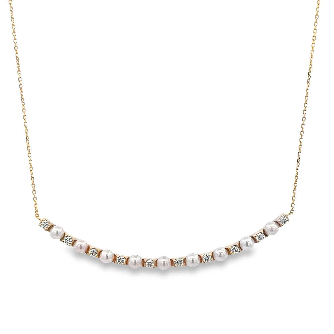 18K GOLD CURVE PEARL AND DIAMONDS BAR NECKLACE