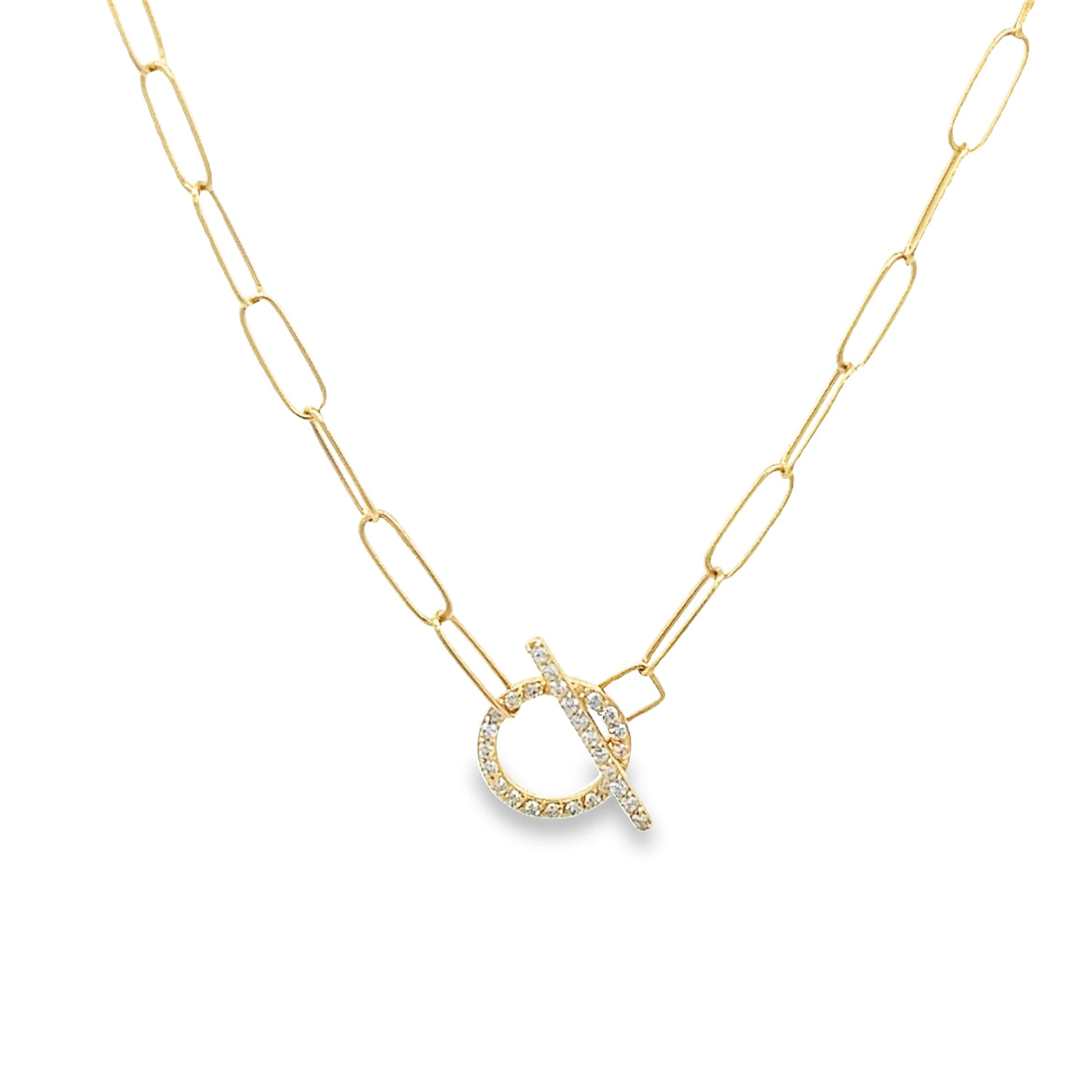 18K GOLD DIAMOND PAVE CIRCLE AND BAR PAPERCLIP NECKLACE