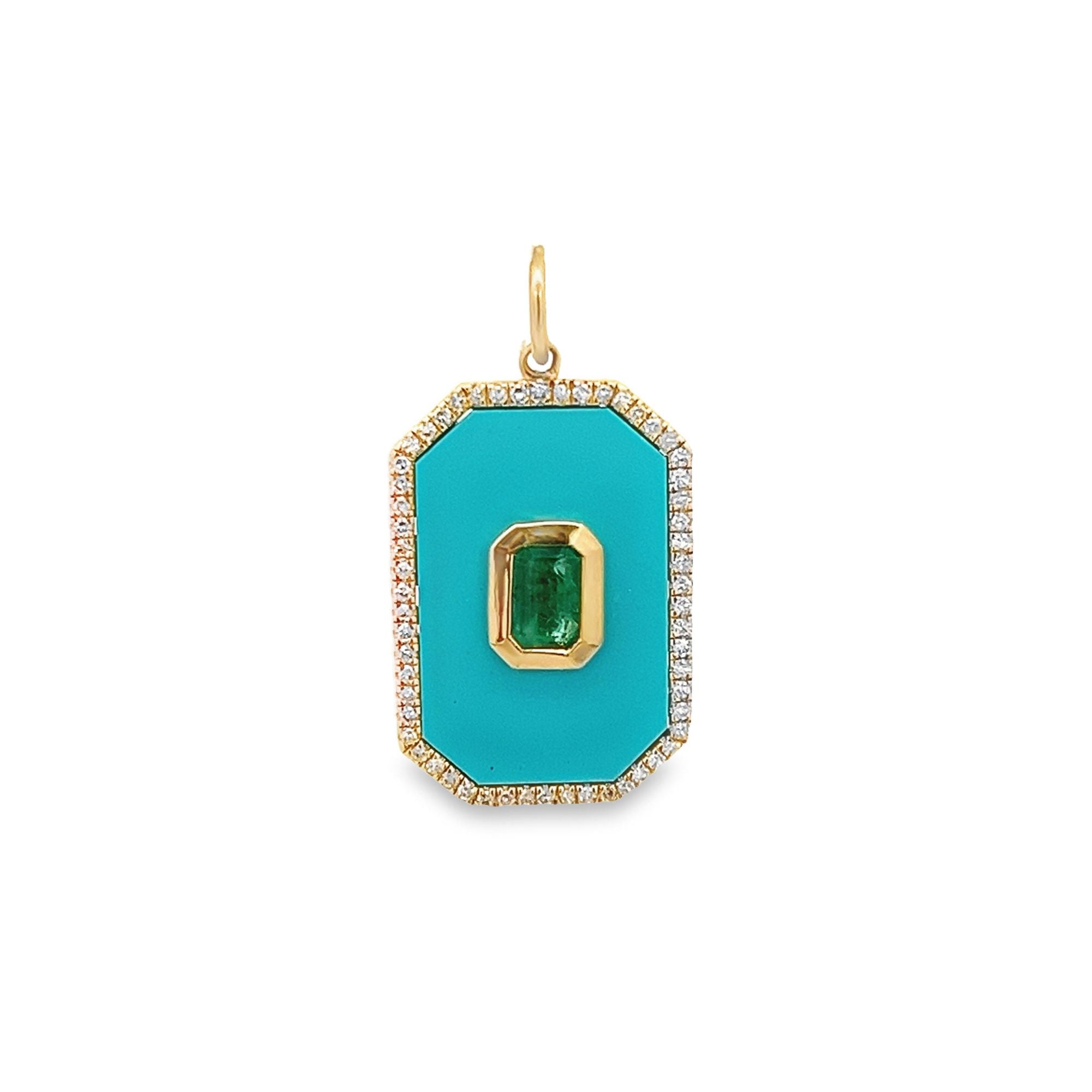 TURQUOISE TAG PENDANT WITH CENTER EMERALD SURROUNDED BY DIAMONDS SET IN 14K YELLOW GOLD