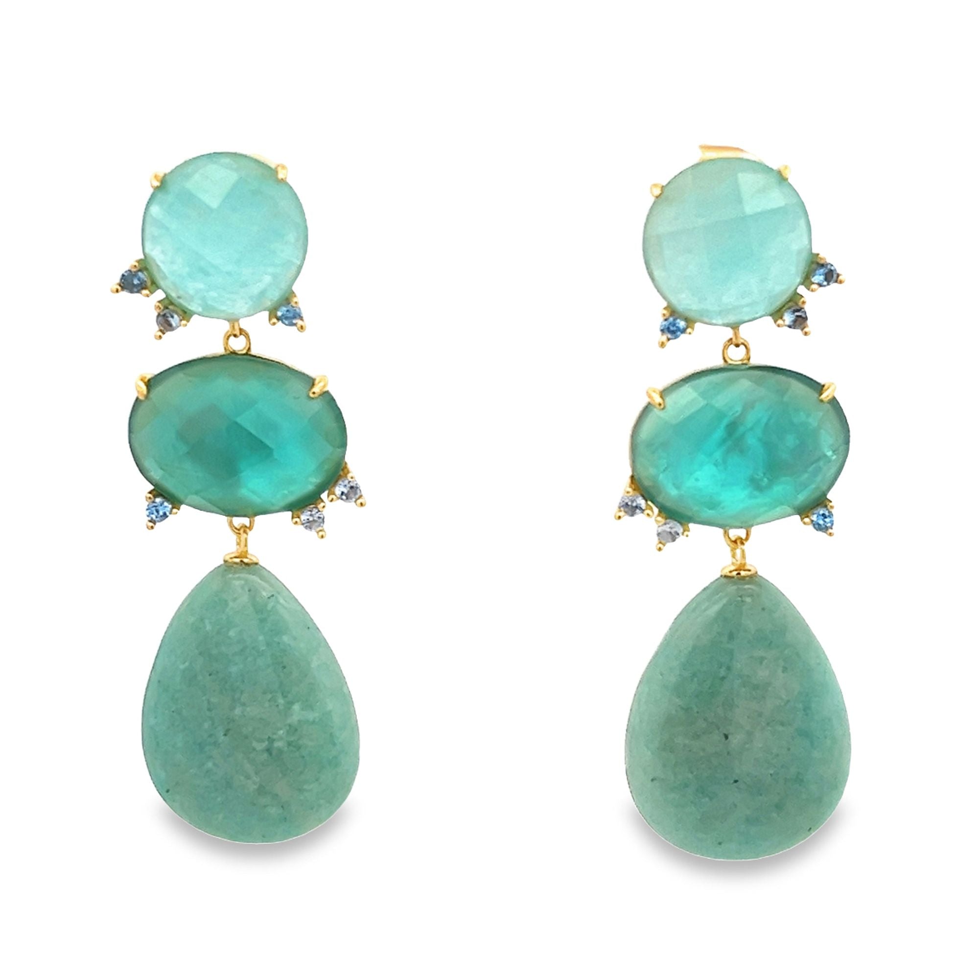 JADE MOTHER OF PEARL GLASS DROP SHAPED EARRINGS SET IN 925 GOLD PLATED