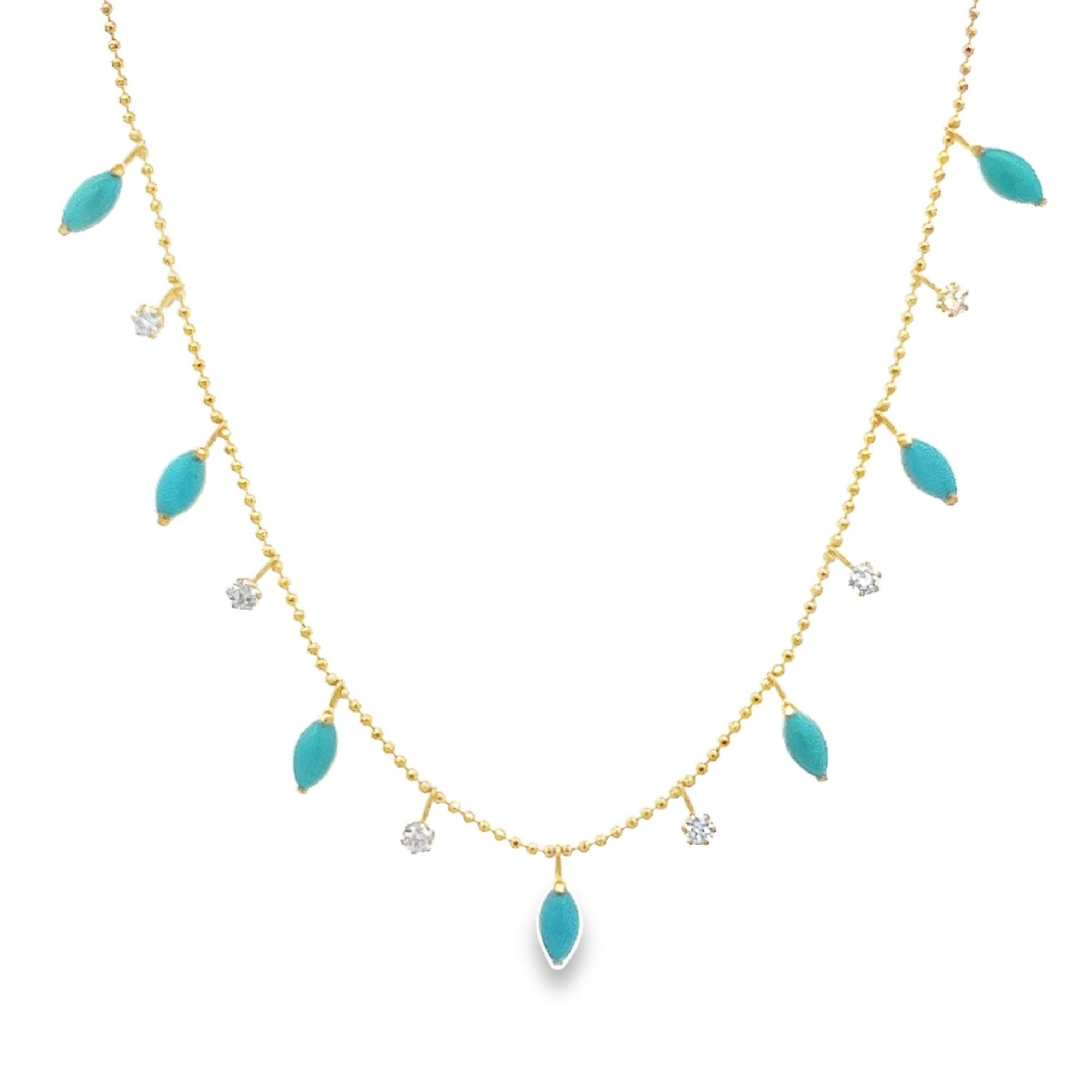 DIAMOND AND TURQUOISE STATION NECKLACE SET IN 18K YELLOW GOLD