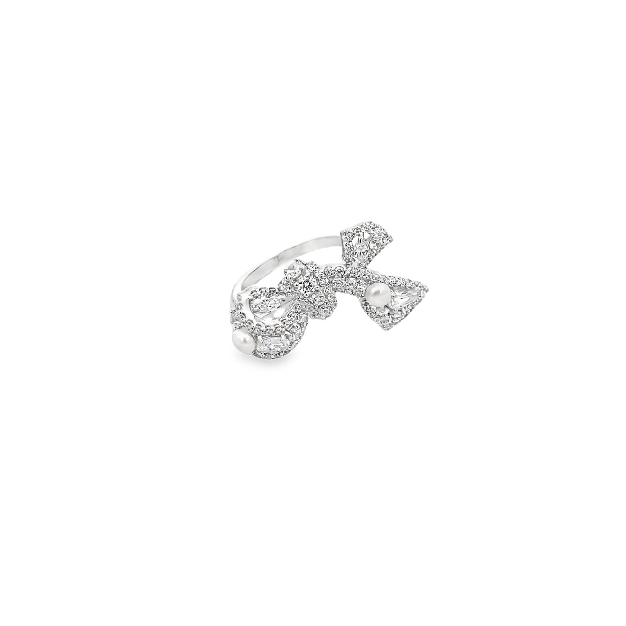 TINY PEARL AND KNOT PAVÉ RING SET IN 925 SILVER PLATED