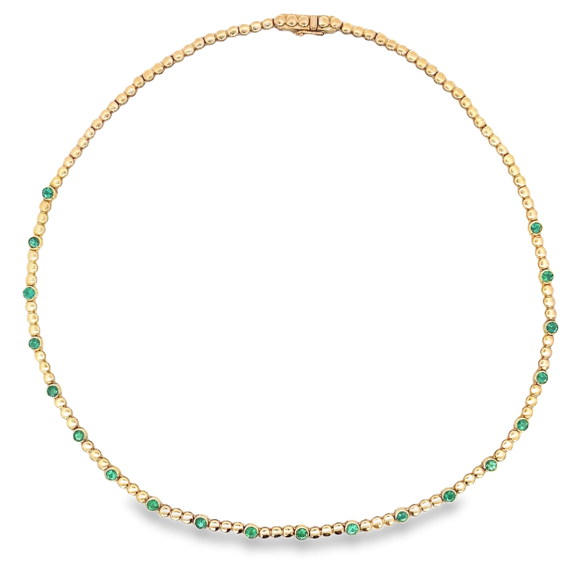 EMERALD BEZEL TENNIS NECKLACE SET IN 14K YELLOW GOLD