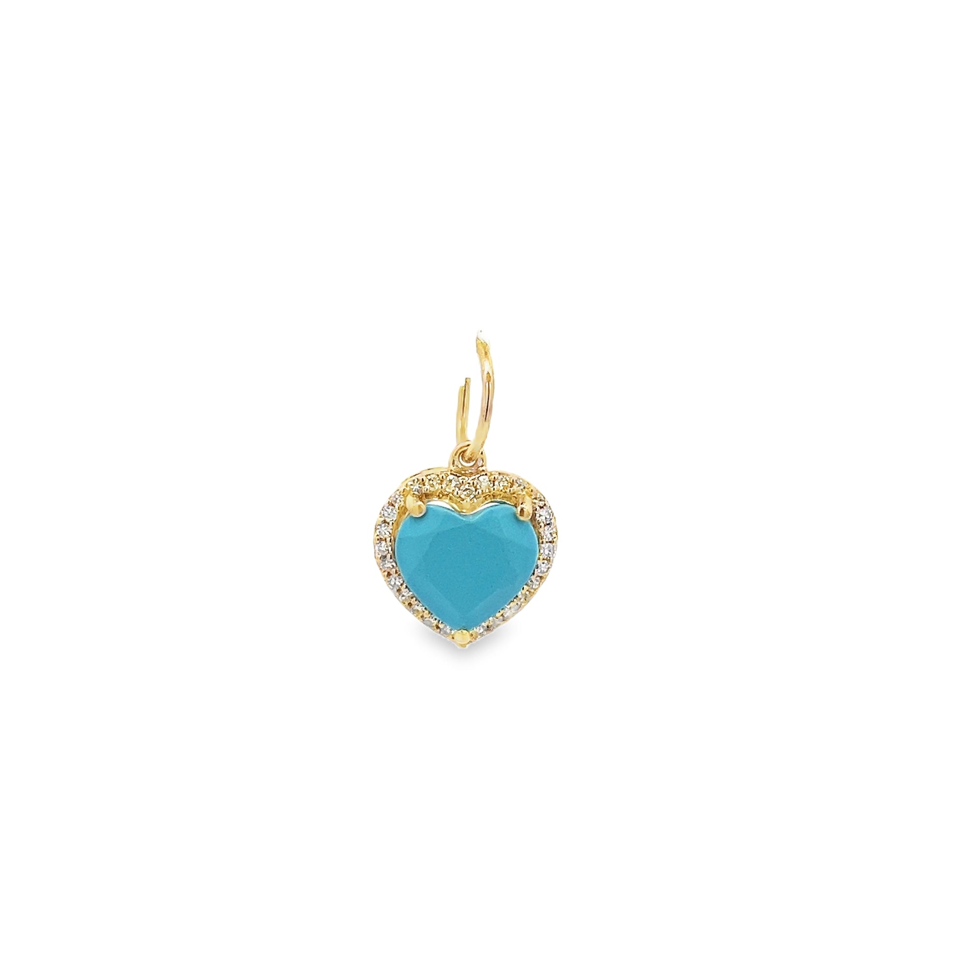 SMALL TURQUOISE HEART SURROUNDED BY DIAMOND HALO CHARM SET TO 14K YELLOW GOLD