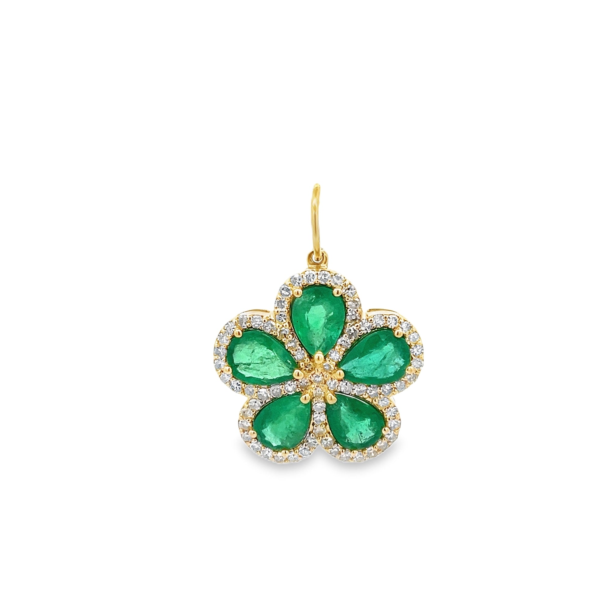 EMERALD FLOWER SURROUNDED BY DIAMOND HALO CHARM SET IN 14K YELLOW GOLD