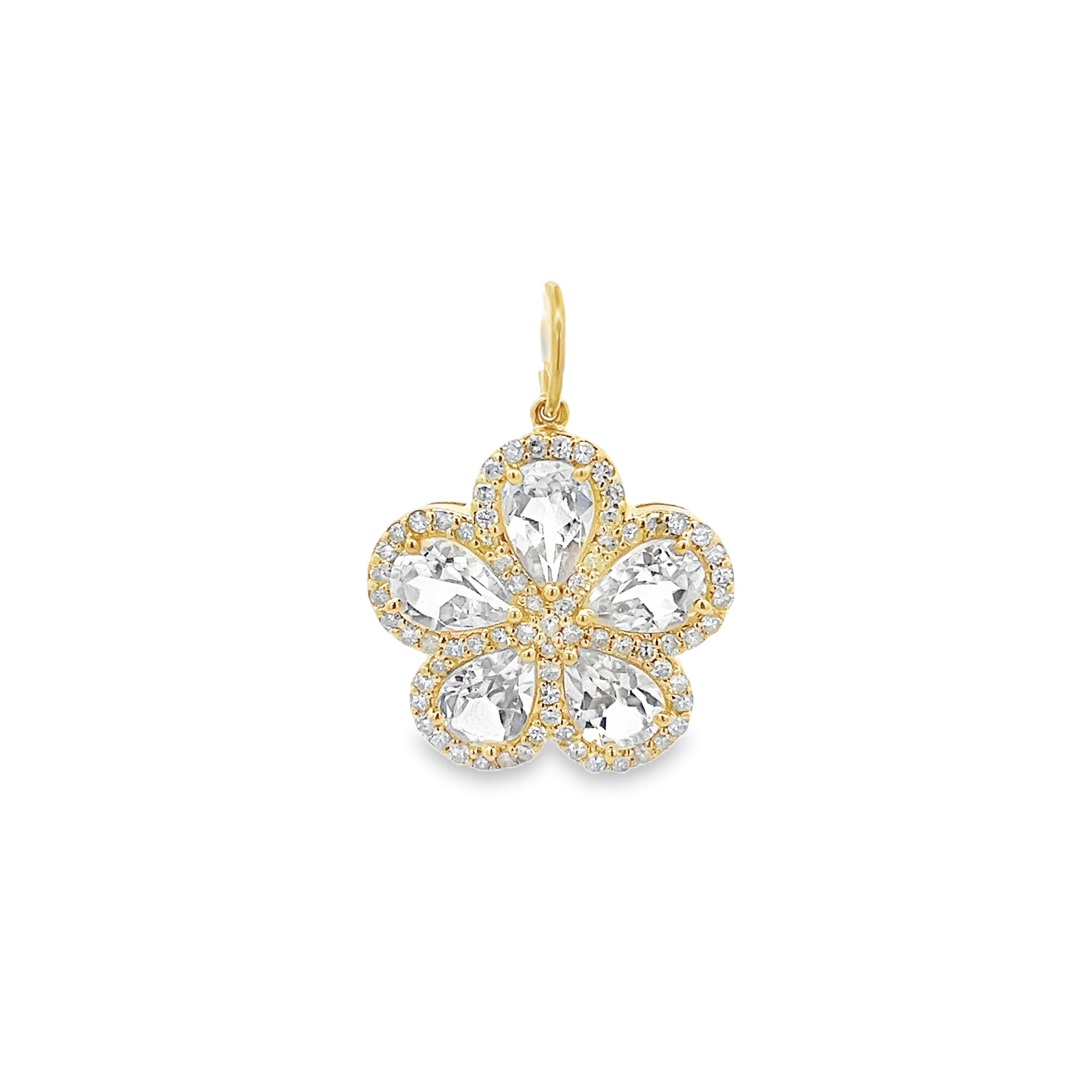 TOPAZ FLOWER SURROUNDED BY DIAMOND HALO CHARM SET IN 14K YELLOW GOLD