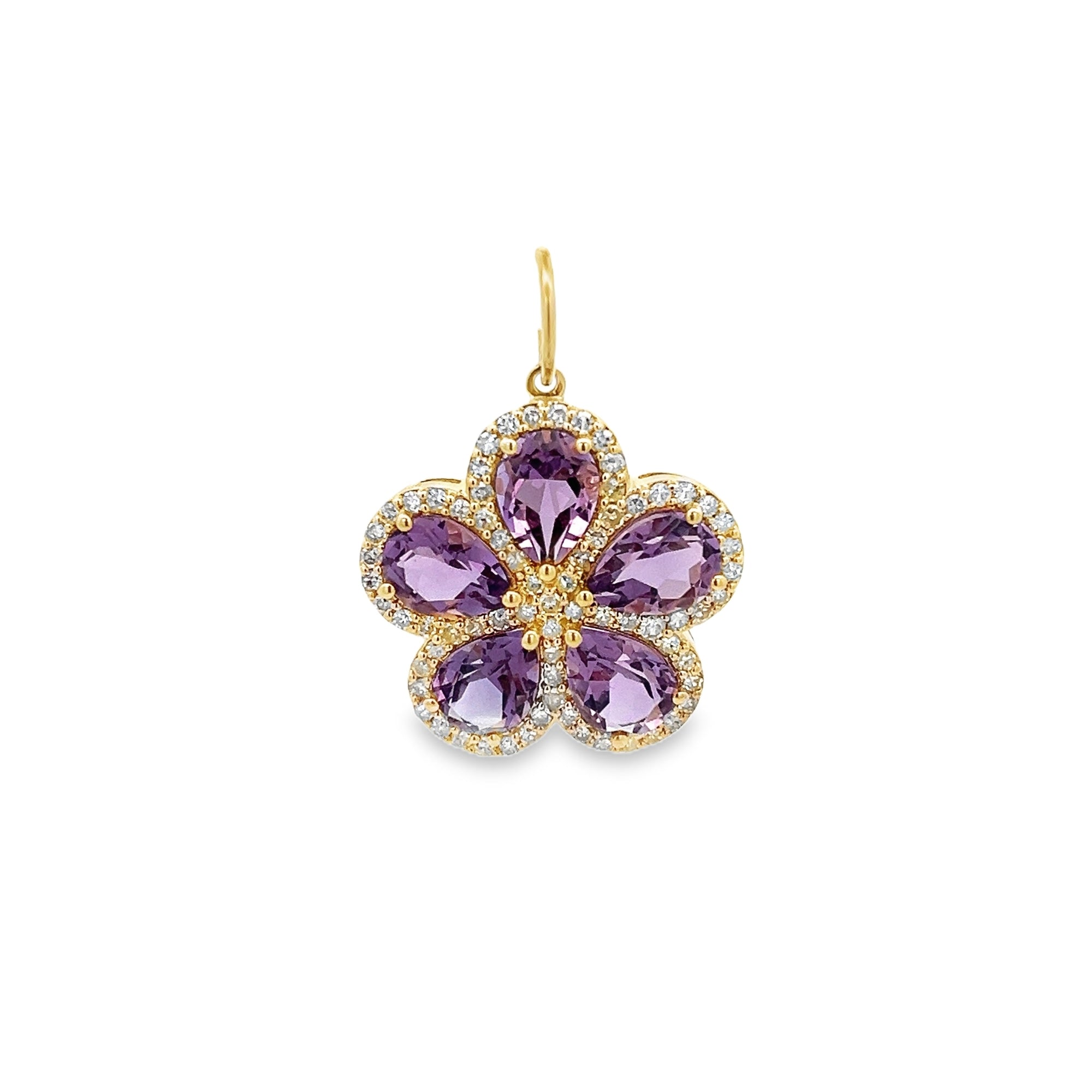 AMETHYST FLOWER SURROUNDED BY DIAMOND HALO CHARM SET IN 14K YELLOW GOLD