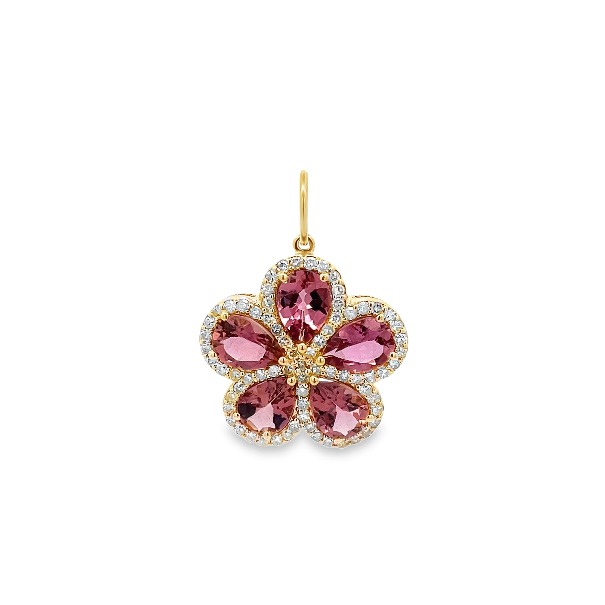 CHARM DE FLOR DE TURMALINA RODEADA DE HALO DE DIAMANTES ENGARZADO EN ORO AMARILLO DE 14 K