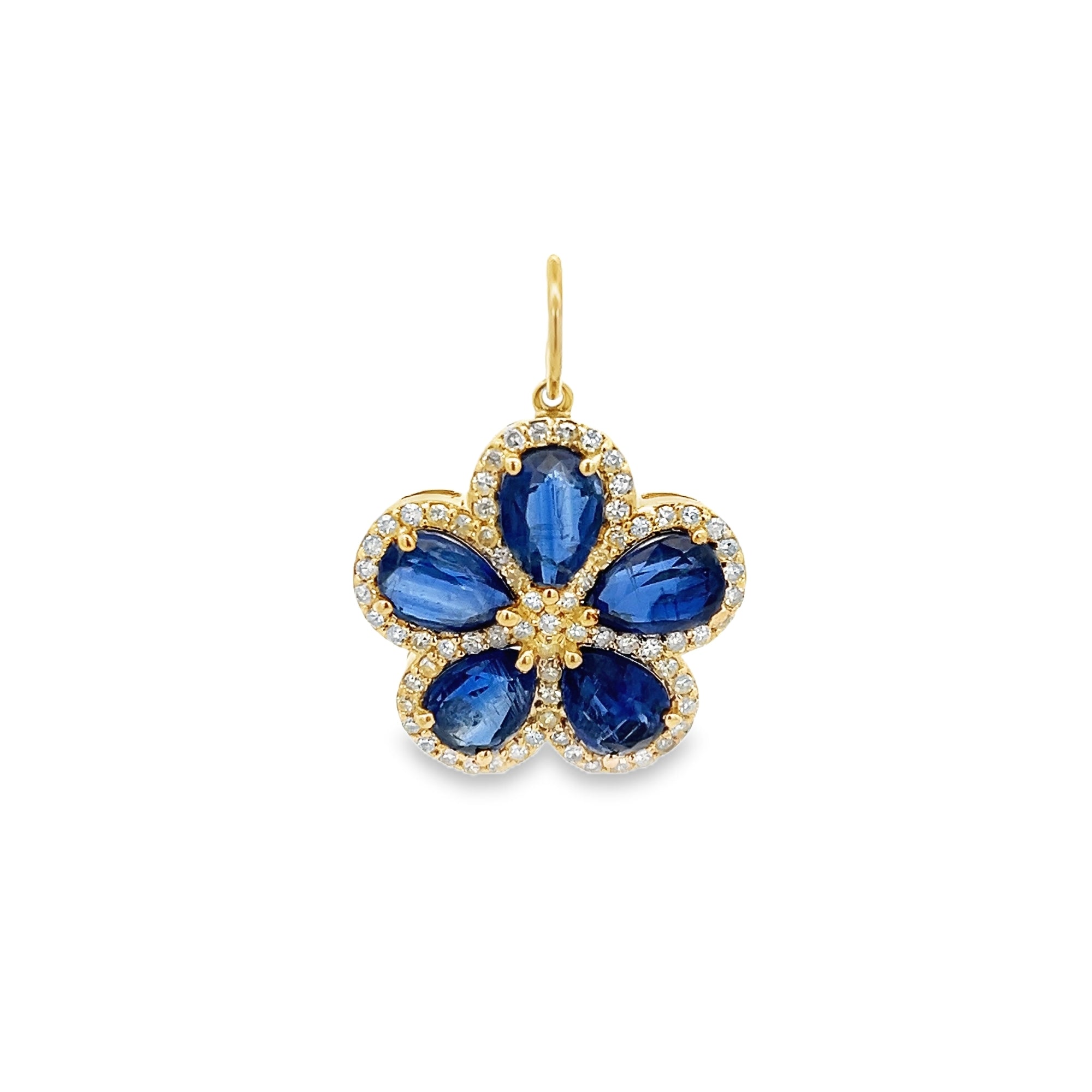 KYANITE FLOWER SURROUNDED BY DIAMOND HALO CHARM SET IN 14K YELLOW GOLD