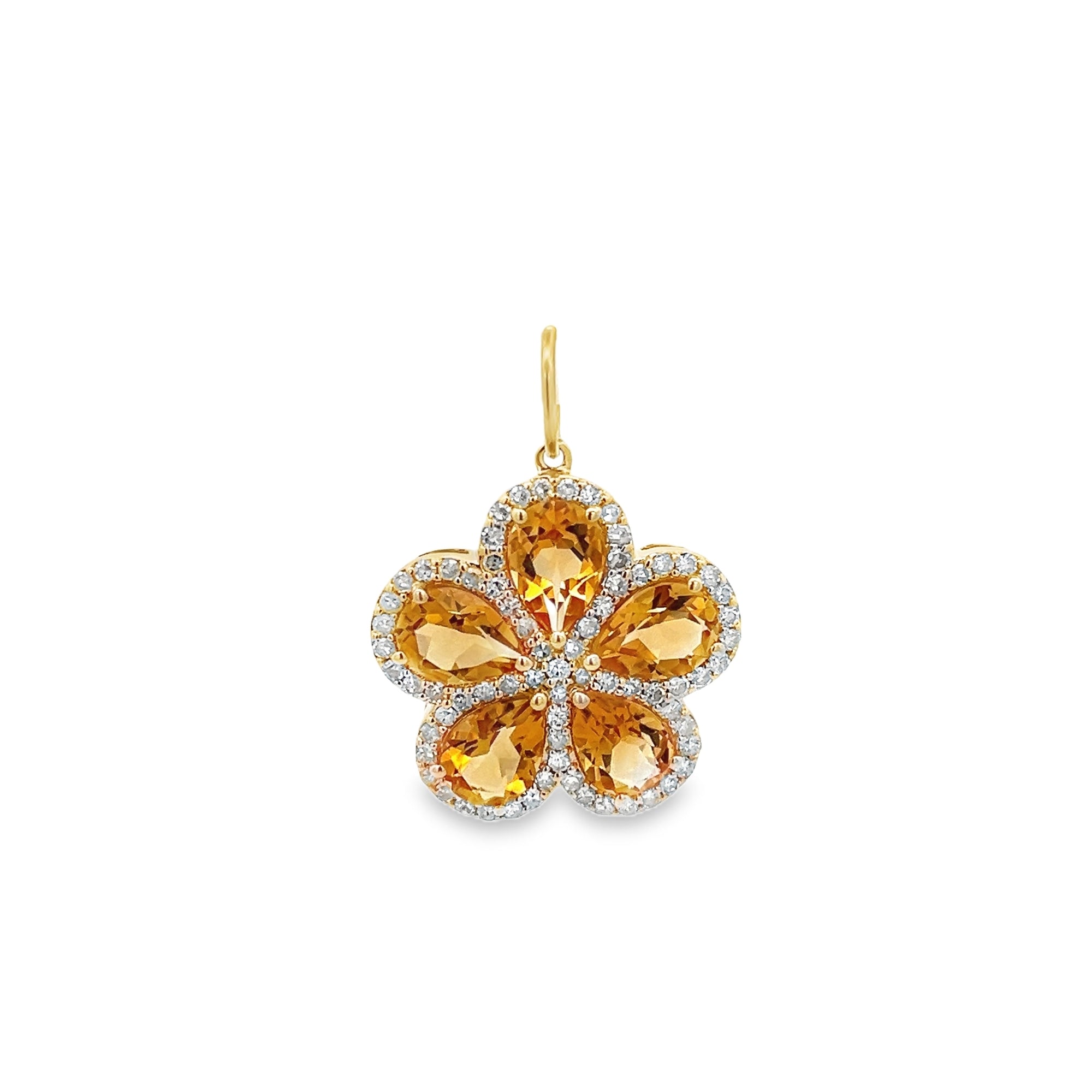 CITRINE FLOWER SURROUNDED BY DIAMOND HALO CHARM SET IN 14K YELLOW GOLD