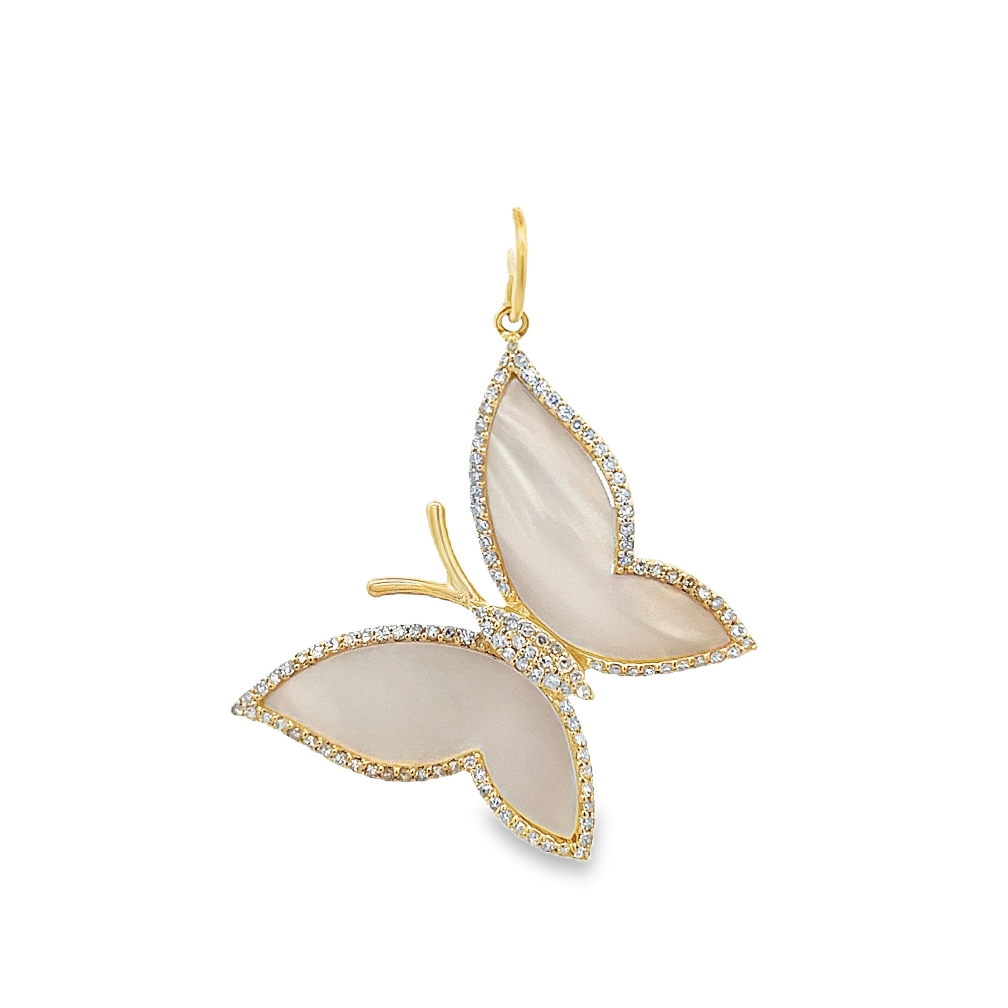 MOTHER OF PEARL BUTTERFLY SURROUNDED BY DIAMOND HALO CHARM SET IN 14K YELLOW GOLD