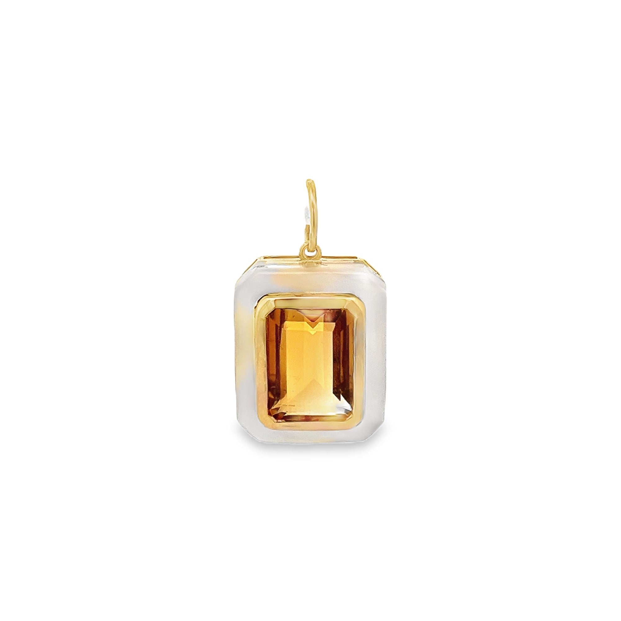 CITRINE AND MOTHER OF PEARL OCTAGONAL CHARM SET IN 14K YELLOW GOLD