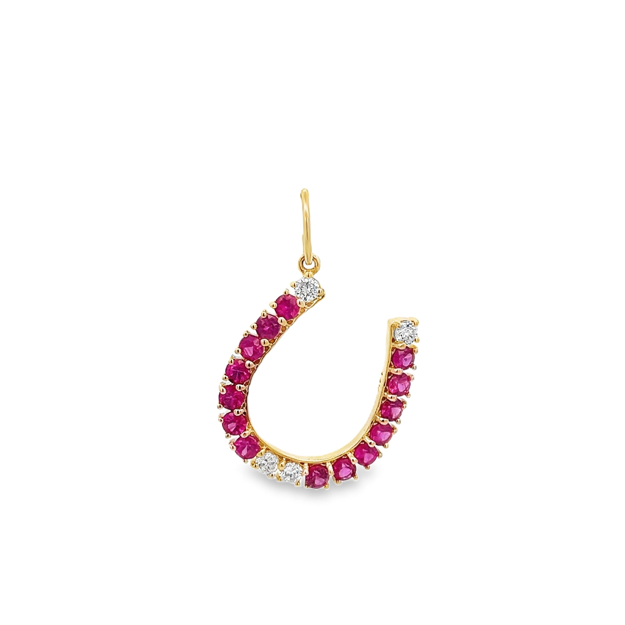 PINK SAPPHIRES AND DIAMONDS HORSESHOE CHARM SET IN 14K YELLOW GOLD