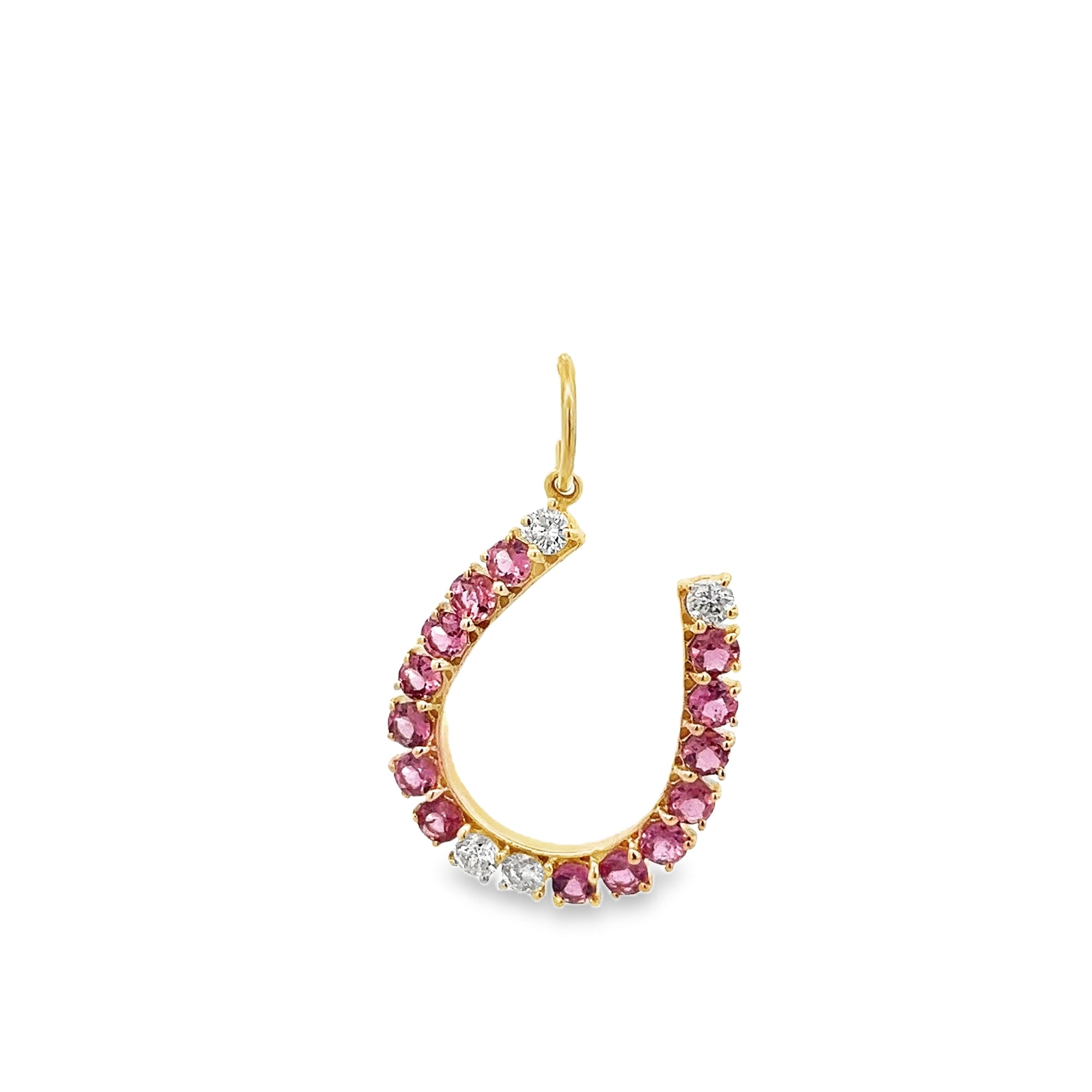 PINK SAPPHIRES AND DIAMONDS HORSESHOE CHARM SET IN 14K YELLOW GOLD