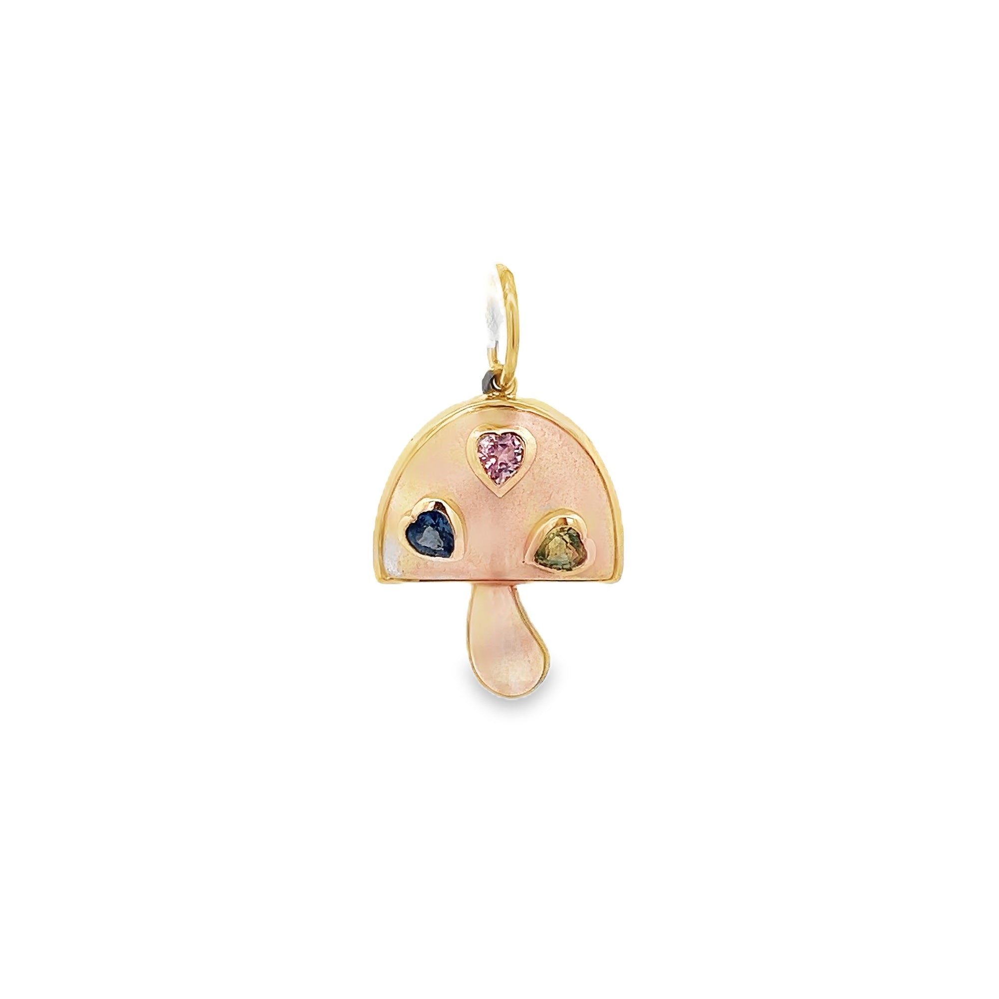 MULTI-COLOR SAPPHIRES AND MOTHER OF PEARL MUSHROOM CHARM SET IN 14K YELLOW GOLD