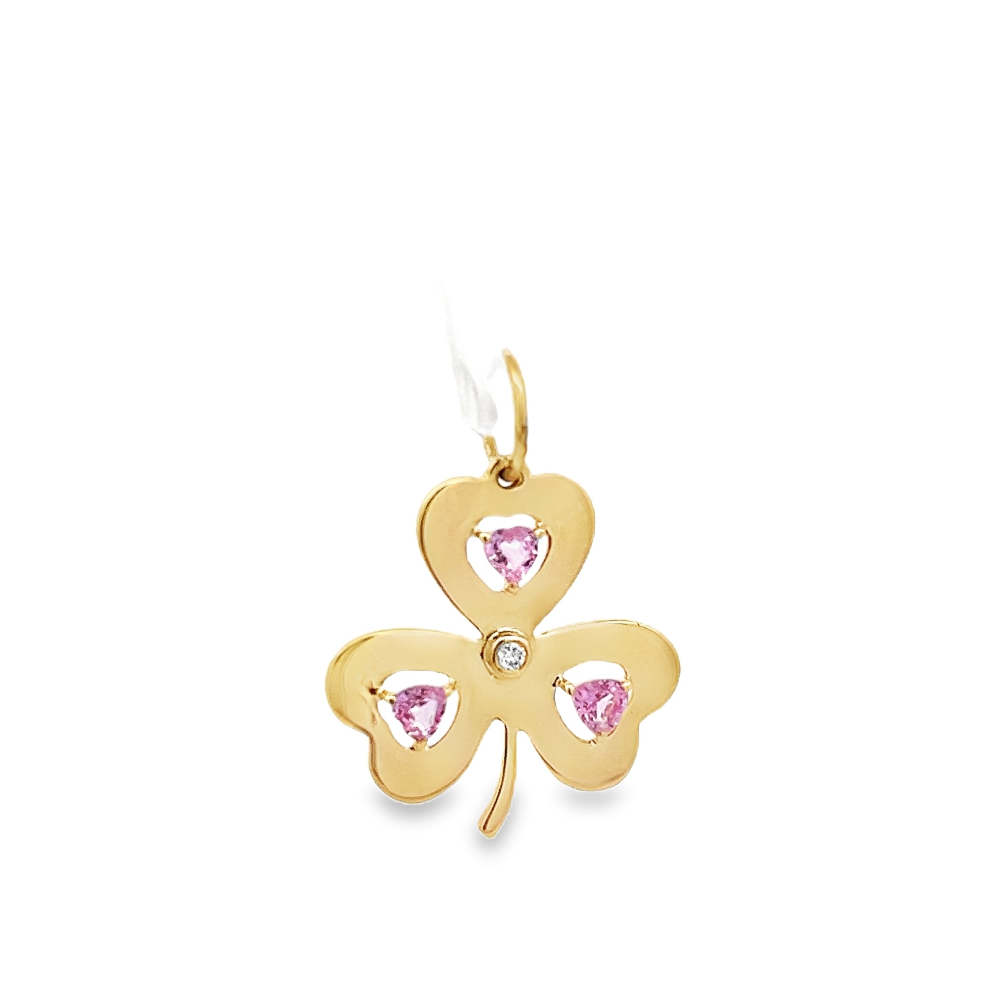 PINK SAPPHIRES AND DIAMONDS CLOVER CHARM SET IN 14K YELLOW GOLD